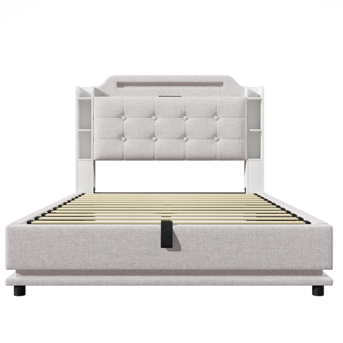 STAURAUMBETT 140/200 cm DE-04727, mit LED, USB+Typ-C und Hydraulik in Beige - Beige, Holzwerkstoff/Metall (140/200cm) - ComfortXL