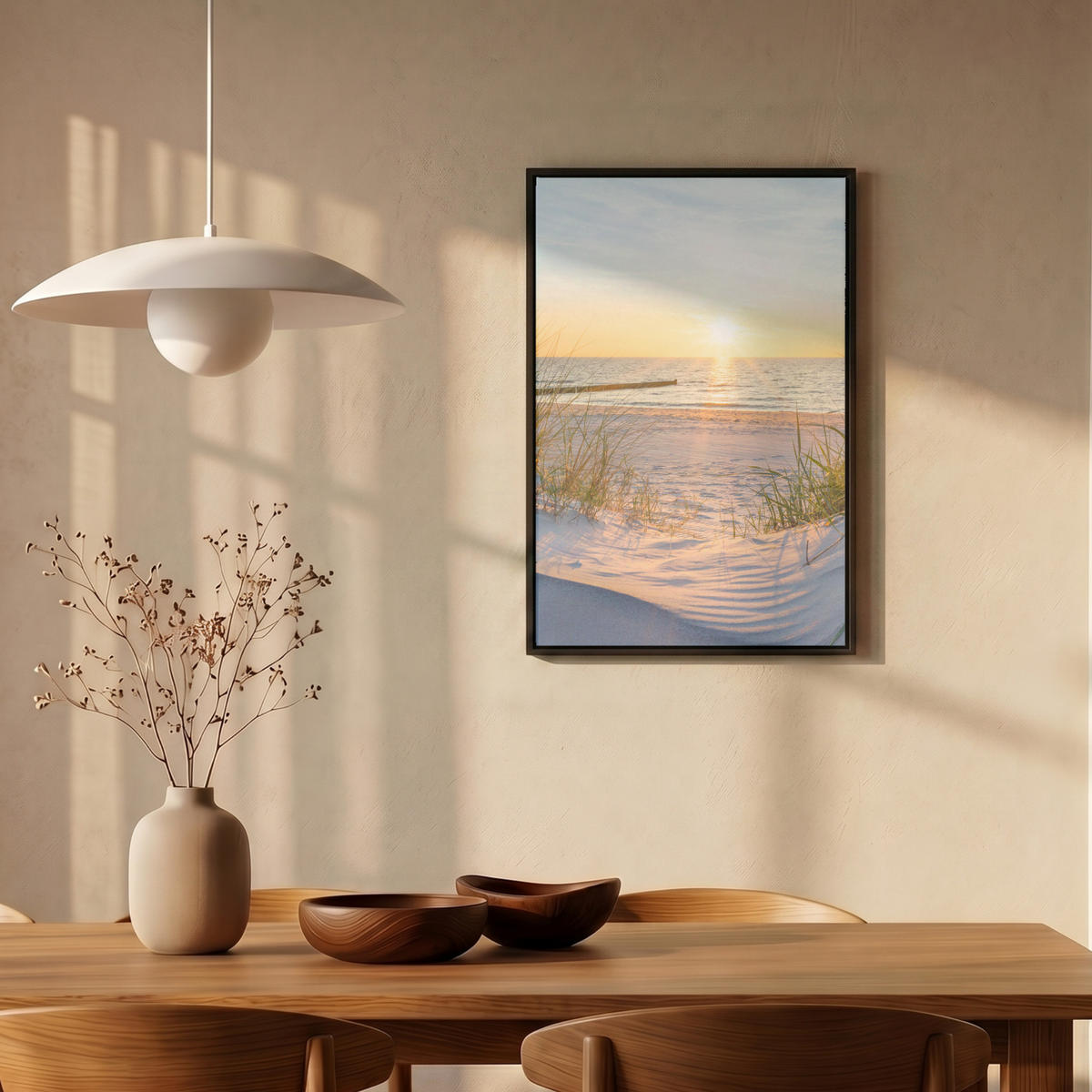 LEINWAND Bilder mit Rahmen - Strand - Sonne - Düne - Gras - Sand - Horizont - 40x60 - Hellblau, Textil (40/60cm) - MuchoWow