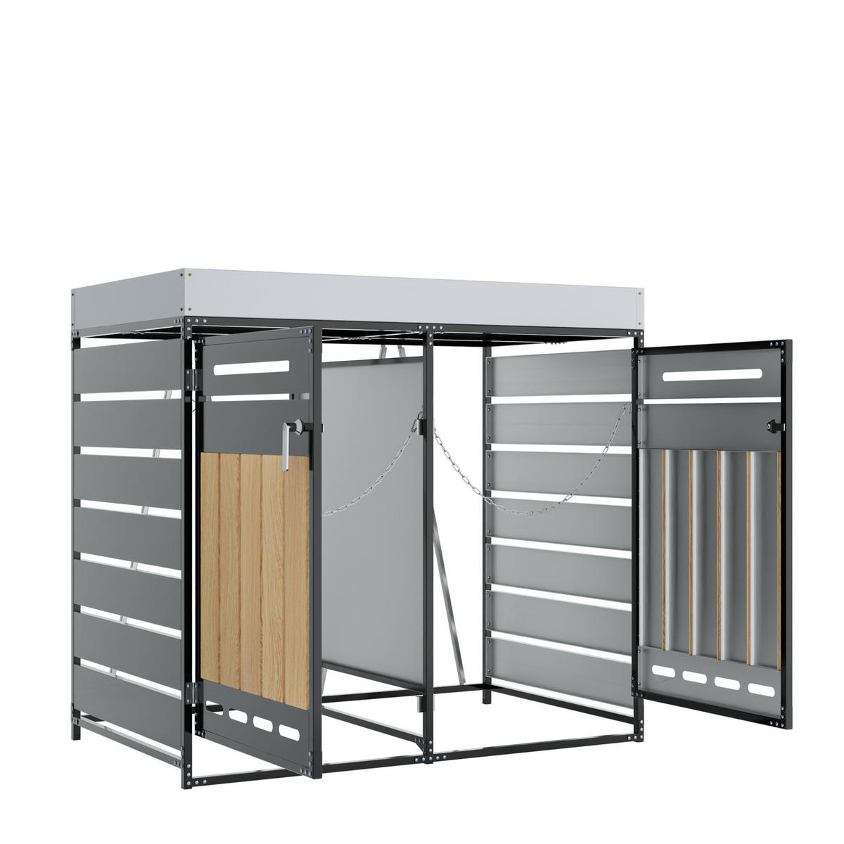 MÜLLTONNENBOX mit Pflanzkasten,Vertikale Holzmaserungspaneele 2er-Set - Grau, Metall (131/120/79cm) - PARAFTA HOME