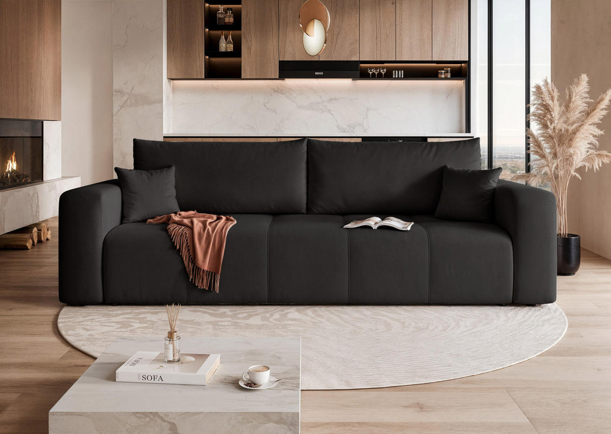 SCHLAFSOFA Velours mit Bettkasten und Schlaffunktion - Schwarz, Holzwerkstoff/Textil (246/79/93cm) - Idohome
