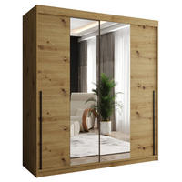 SCHWEBETÜRENSCHRANK mit Spiegel 180 cm Breite Artisan mit schwarzem Griff - Schwarz/Eiche Artisan, Holzwerkstoff (180/200/62cm) - Home Collective
