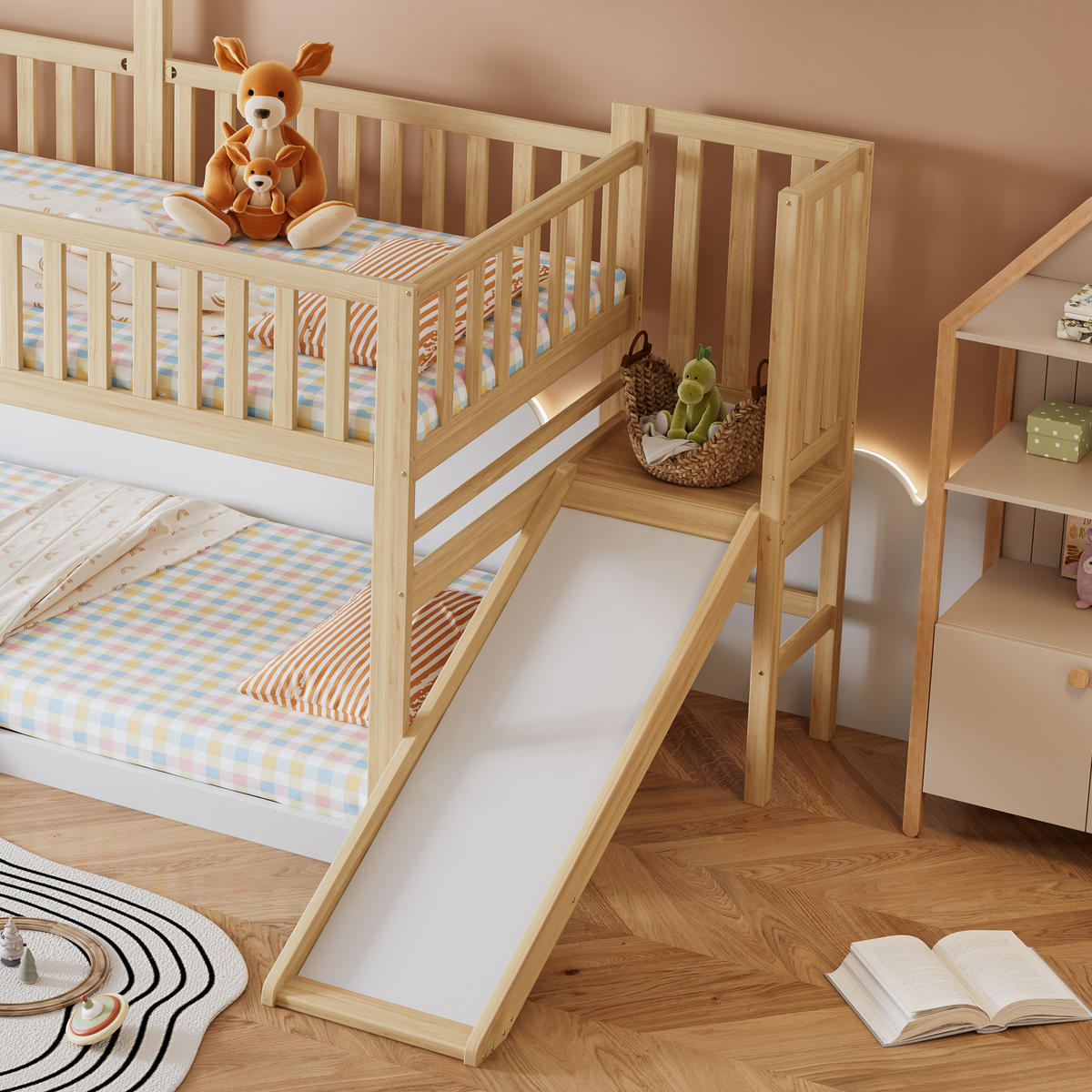 BETT Etagenbett mit Rutsche Natur/Weiß 90x200 cm - Naturfarben, Holz (90/200cm) - ComfortXL