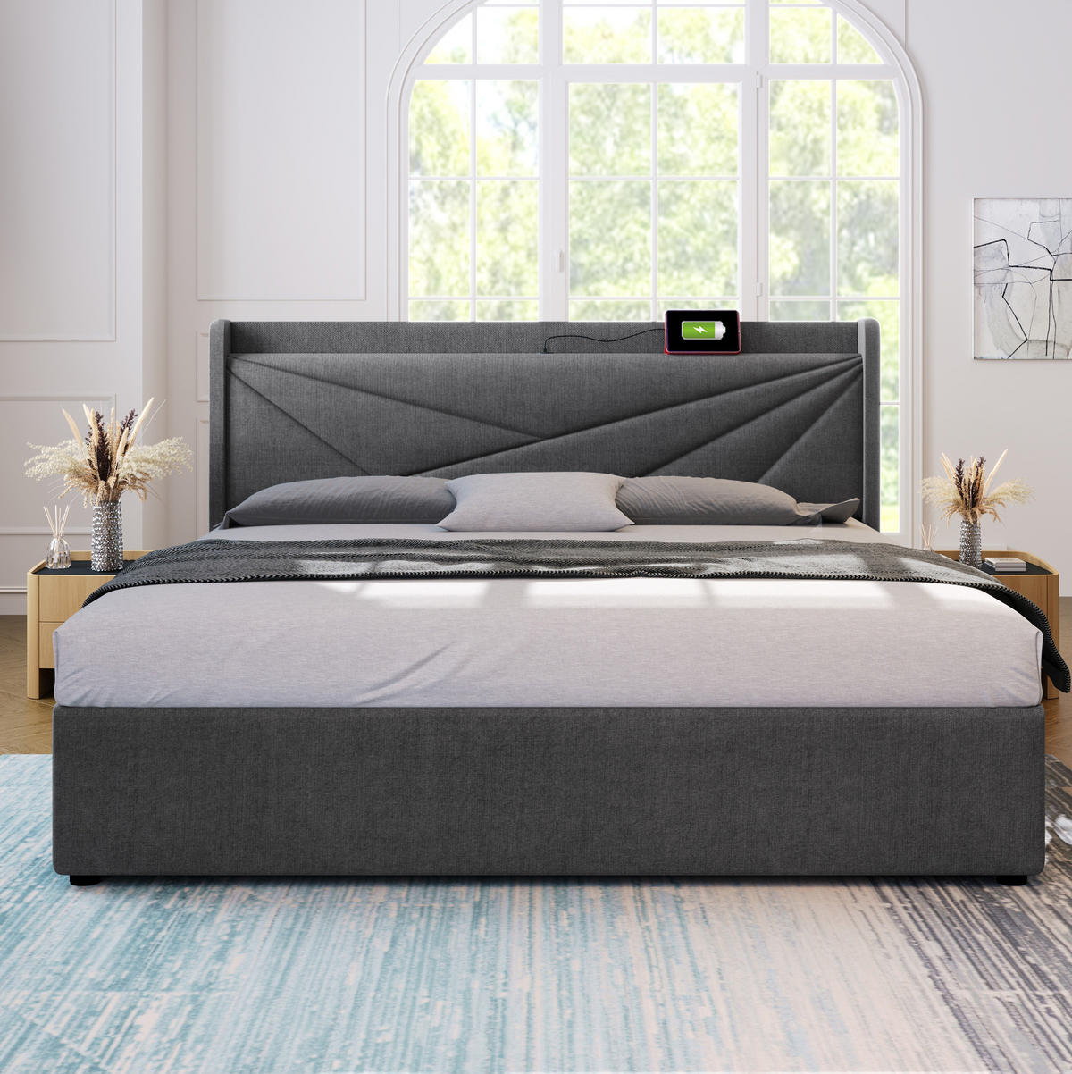 BETT mit Bettkasten und USB/Typ-C 160x200 cm Grau inkl. Matratze - Grau, Metall (160/200cm) - Meubliv