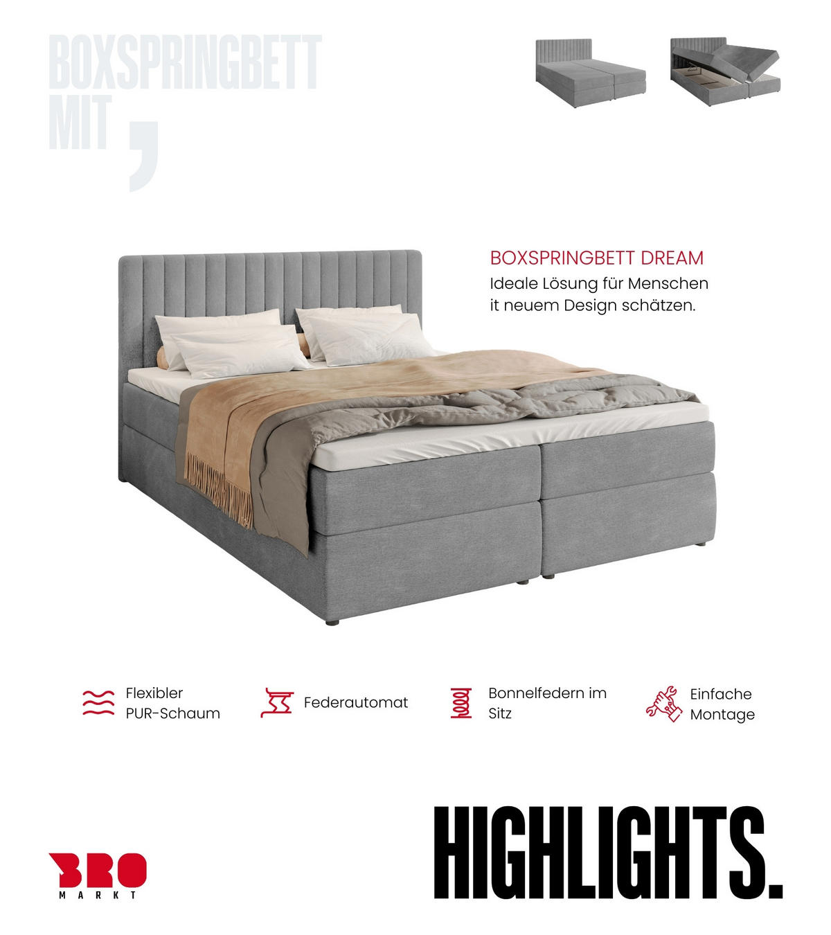 BOXBETT Dream mit Topper 140/200 Hellgrau - Hellgrau, Holzwerkstoff/Textil (140/200cm) - Bromarkt