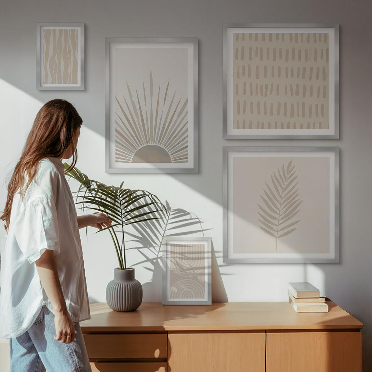 WANDBILDER 5er Set - 50x50 cm & 20x30 cm & 40x60 cm Silberner Rahmen - Beige Pflanzenmuster - Silberfarben, Kunststoff (40/60cm) - ArtPrintCave