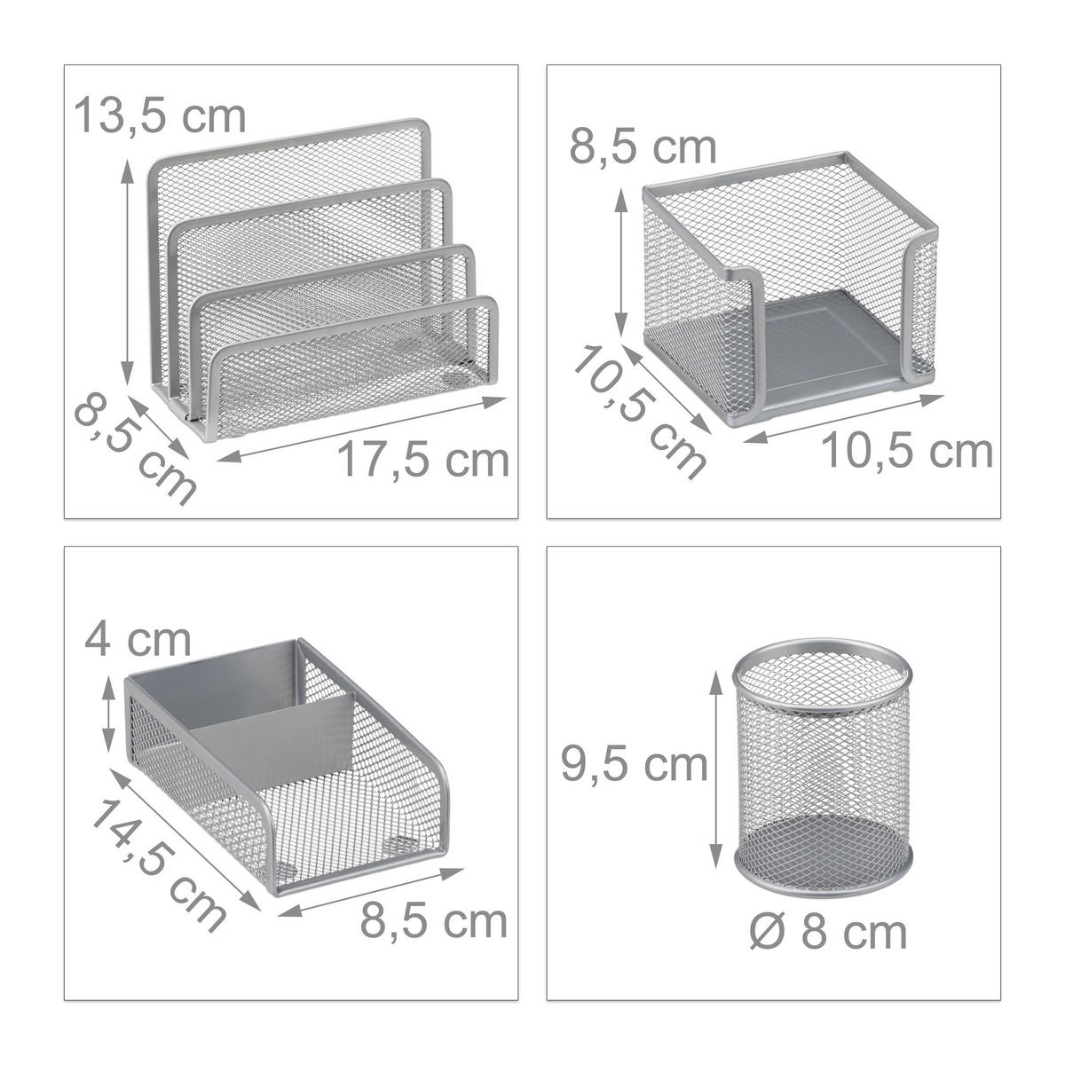 4TLG.SCHREIBTISCHORGANIZER - Silberfarben, Metall (14.5/17.5/13.5cm) - Relaxdays