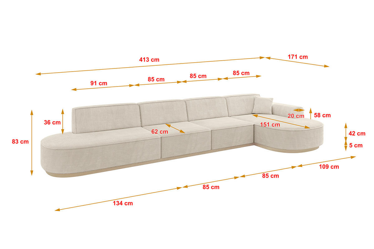 ECKSOFA Ottomane Rechts MARI-L3-v1 - 413x171x83 cm Beige Cord - Beige, Holzwerkstoff/Textil (171/413cm) - ALTDECOR