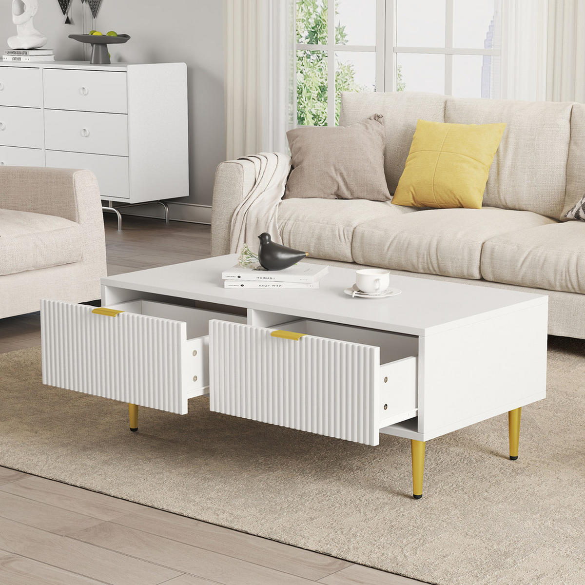 COUCHTISCH 100x50cm Weiß Gold Akzente 2 Schubladen Streifendesign Modern - Weiß, Holz (114/59/14cm) - FLIEKS