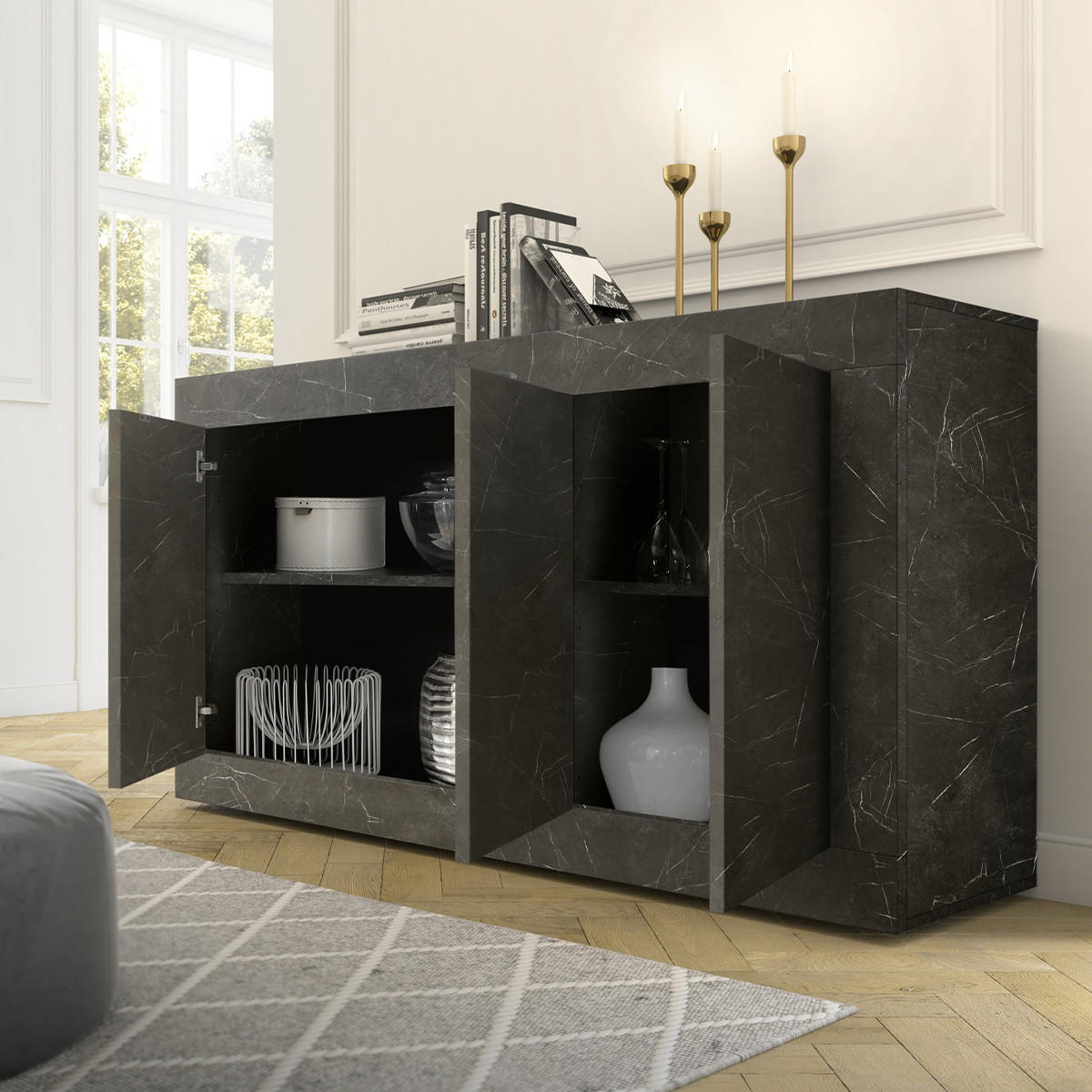 BUFFET 3 Türen Initial - L160 cm - Schwarz, Holzwerkstoff (42/85.8/160cm) - Calicosy