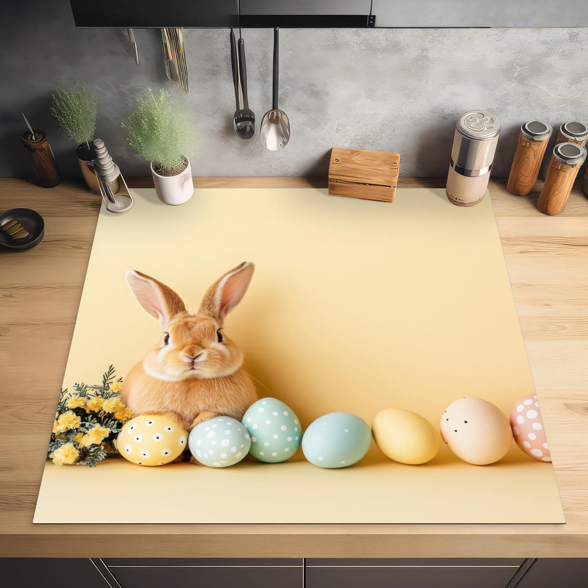 HERDABDECKPLATTE Eier - Kaninchen - Pastellfarbtöne Induktionsmatte 78x78 cm - Hellgelb, Kunststoff (78/78/0.2cm) - MuchoWow