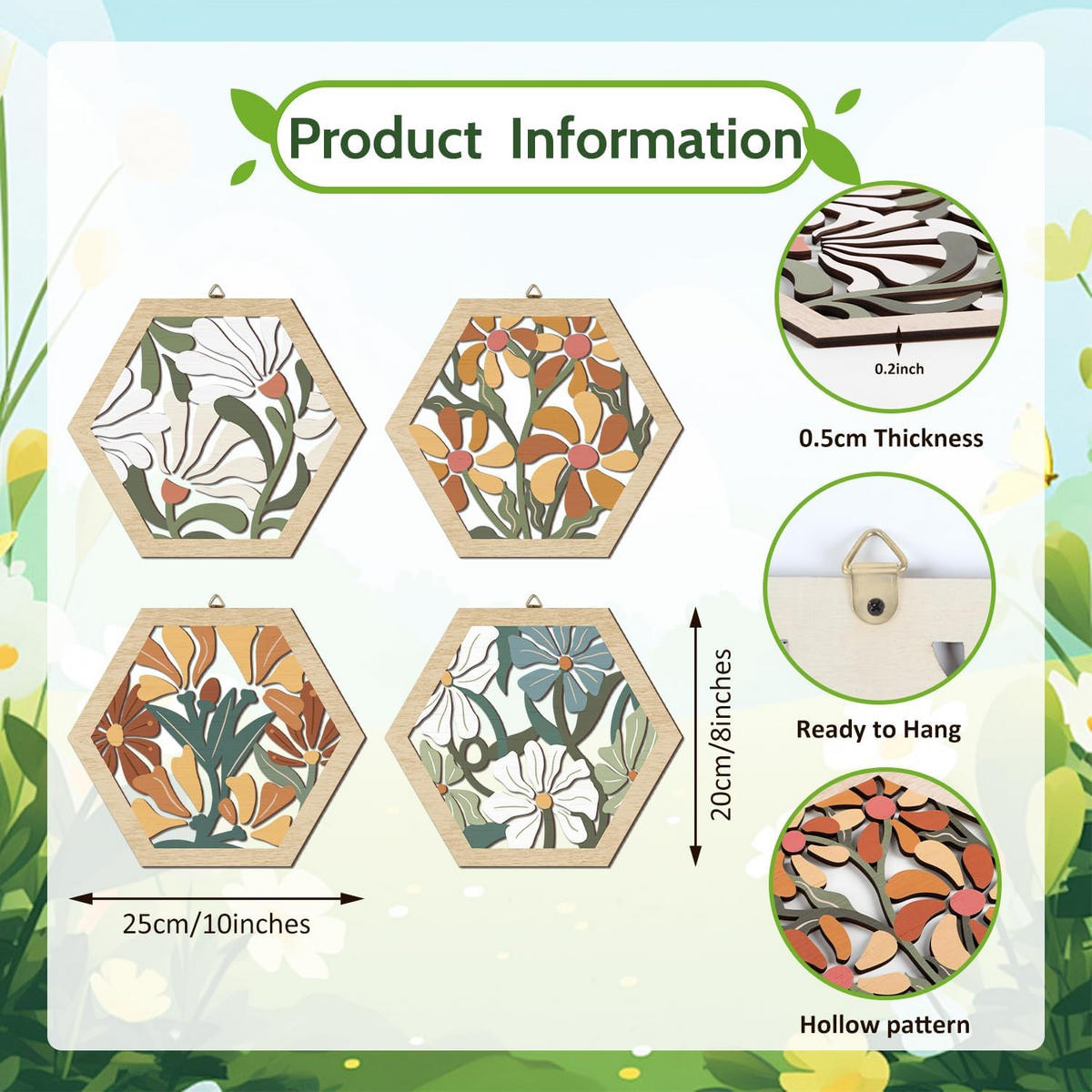 WANDDEKO Bunt 20,32x25,4cm Blumen Holz 4er Set - Akaziefarben, Holzwerkstoff (25/1cm) - Weltevree