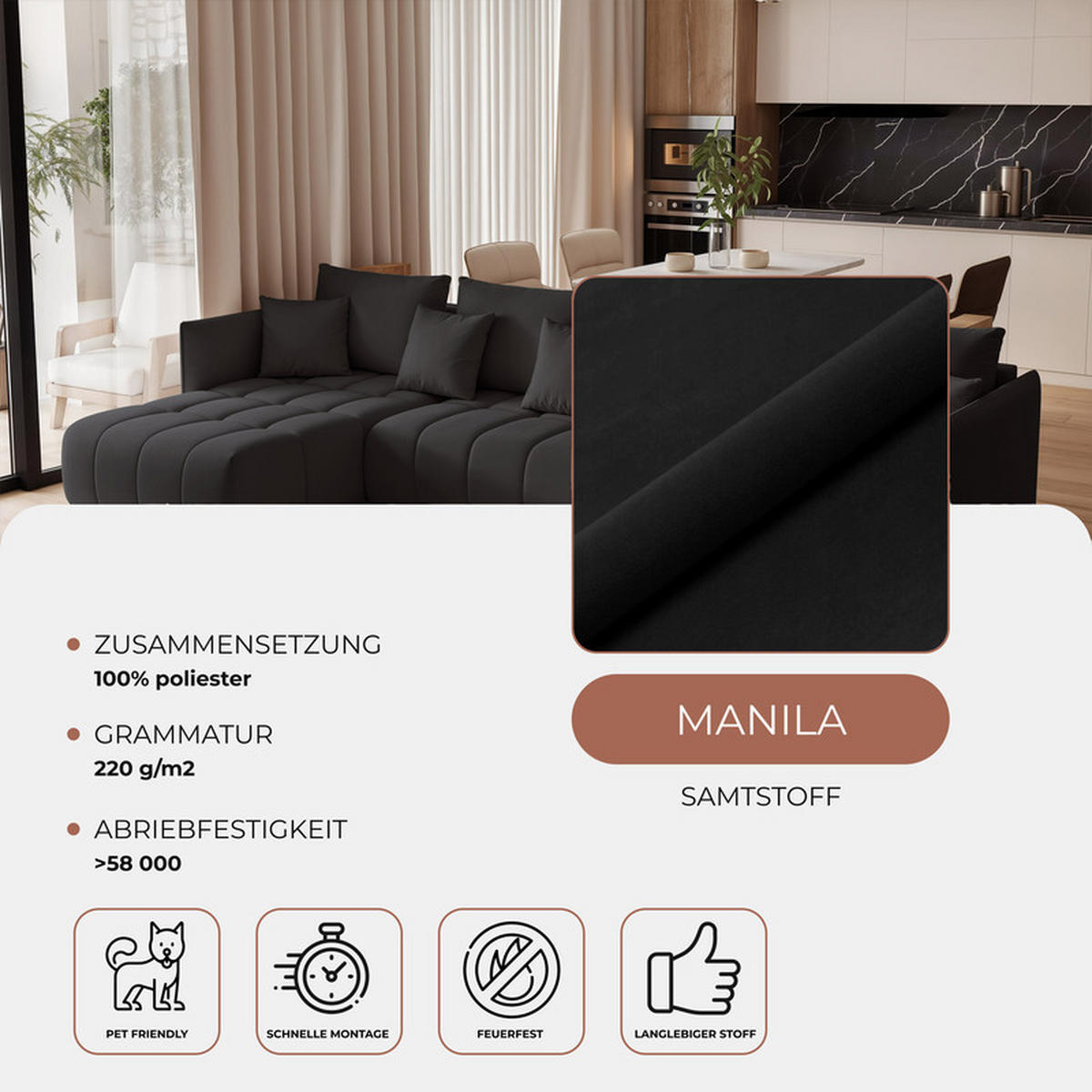 WOHNLANDSCHAFT OLIMPIA mit Schlaffunktion und Bettkasten Schwarz - Schwarz, Holzwerkstoff/Kunststoff (353/83/180cm) - Idohome