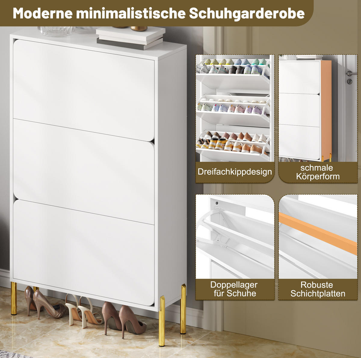 SCHUHSCHRANK 73/24/120 cm in Weiß mit 3 Türen und goldfarbenen Beinen - Weiß, Holzwerkstoff (73/120/24cm) - Flora Grace