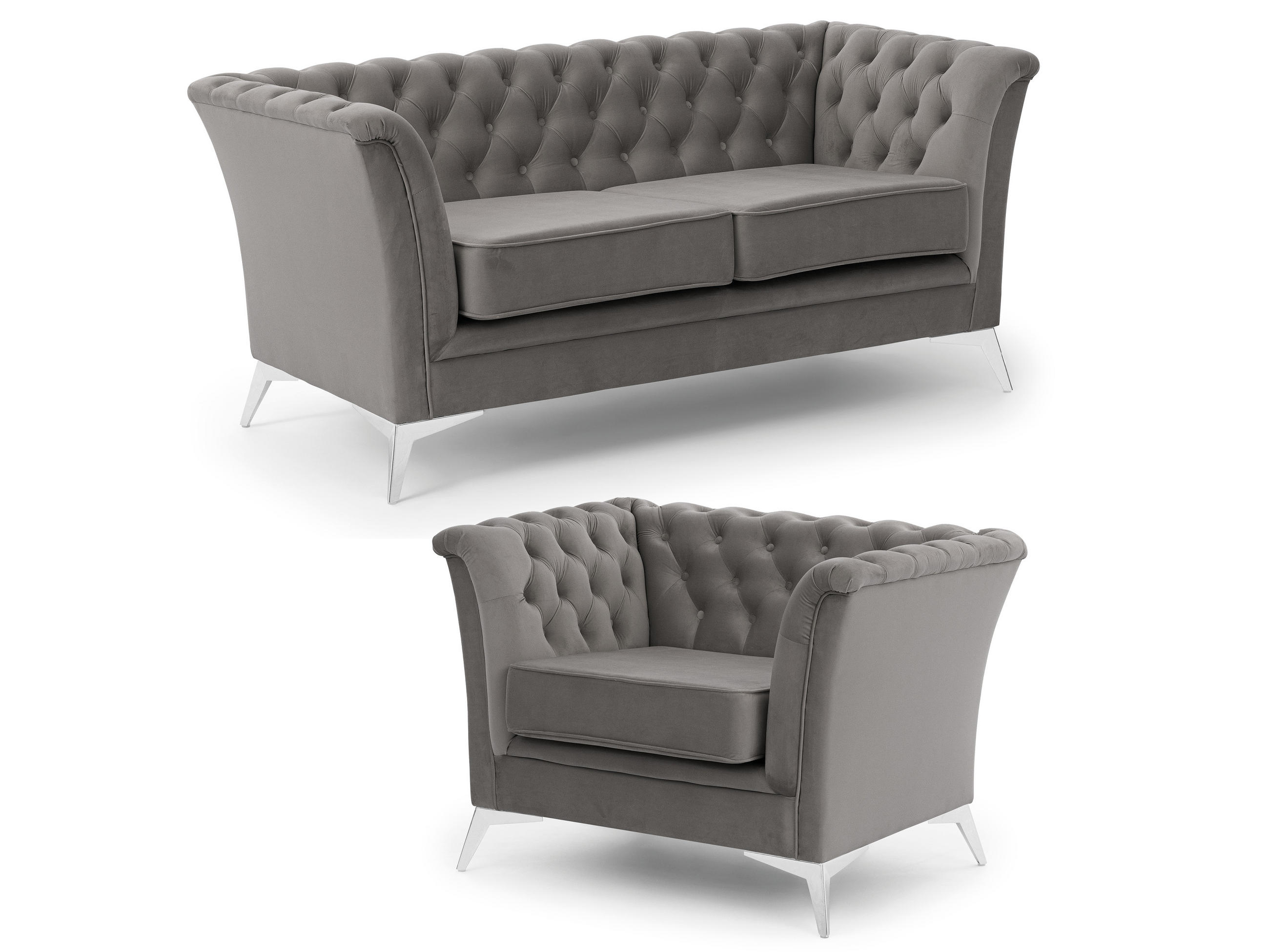 SITZGARNITUR 2+1 Chesterfield Whitby Grau Samt mit silbernen Füßen - Silberfarben/Grau, Holz/Textil (175/78/82cm) - S-Style Möbel
