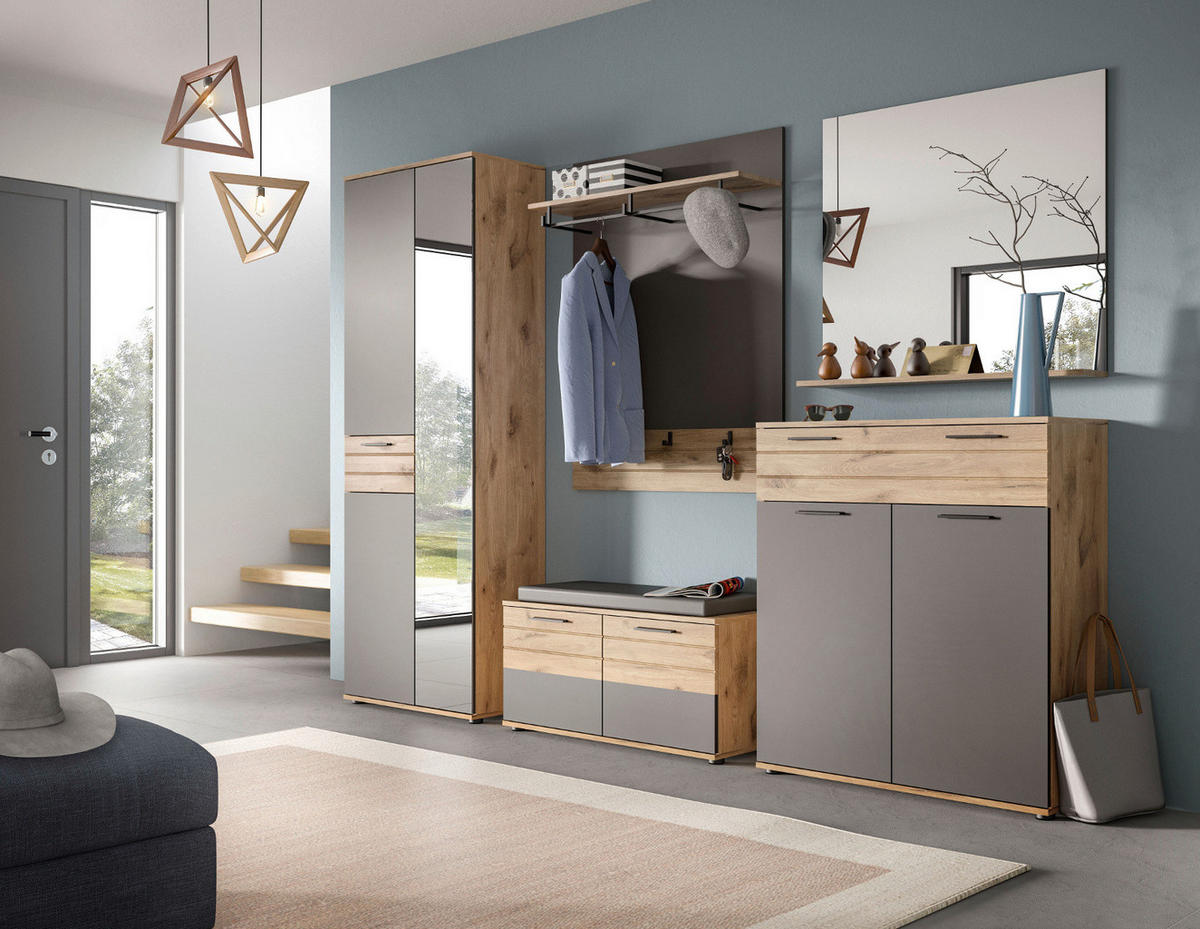 GARDEROBEN-SET Eiche, grau 5-teilig 280 cm mit Soft-Close - Eichefarben/Schwarz, Glas/Holzwerkstoff (195/200/37cm) - Inn.Furn