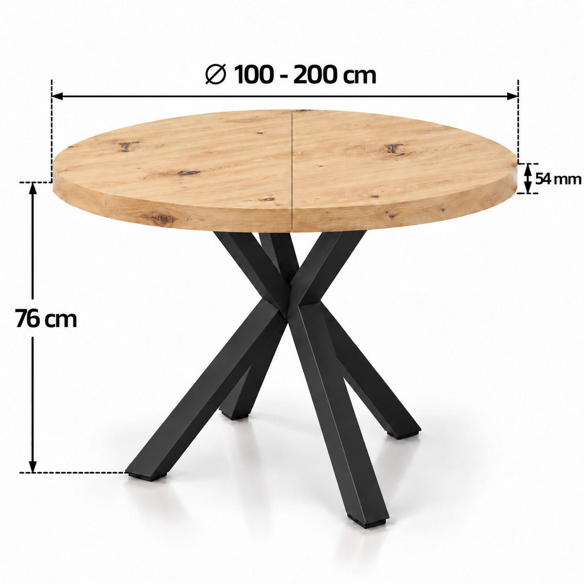 ESSTISCH rund ausziehbar 100/200/76 cm, Hellbraun Artisan Eiche, 54 cm Tischplatte + X Metallbeine Schwarz - Schwarz/Eiche Artisan, Holzwerkstoff/Metall (100/200/76cm) - Damale Möbel