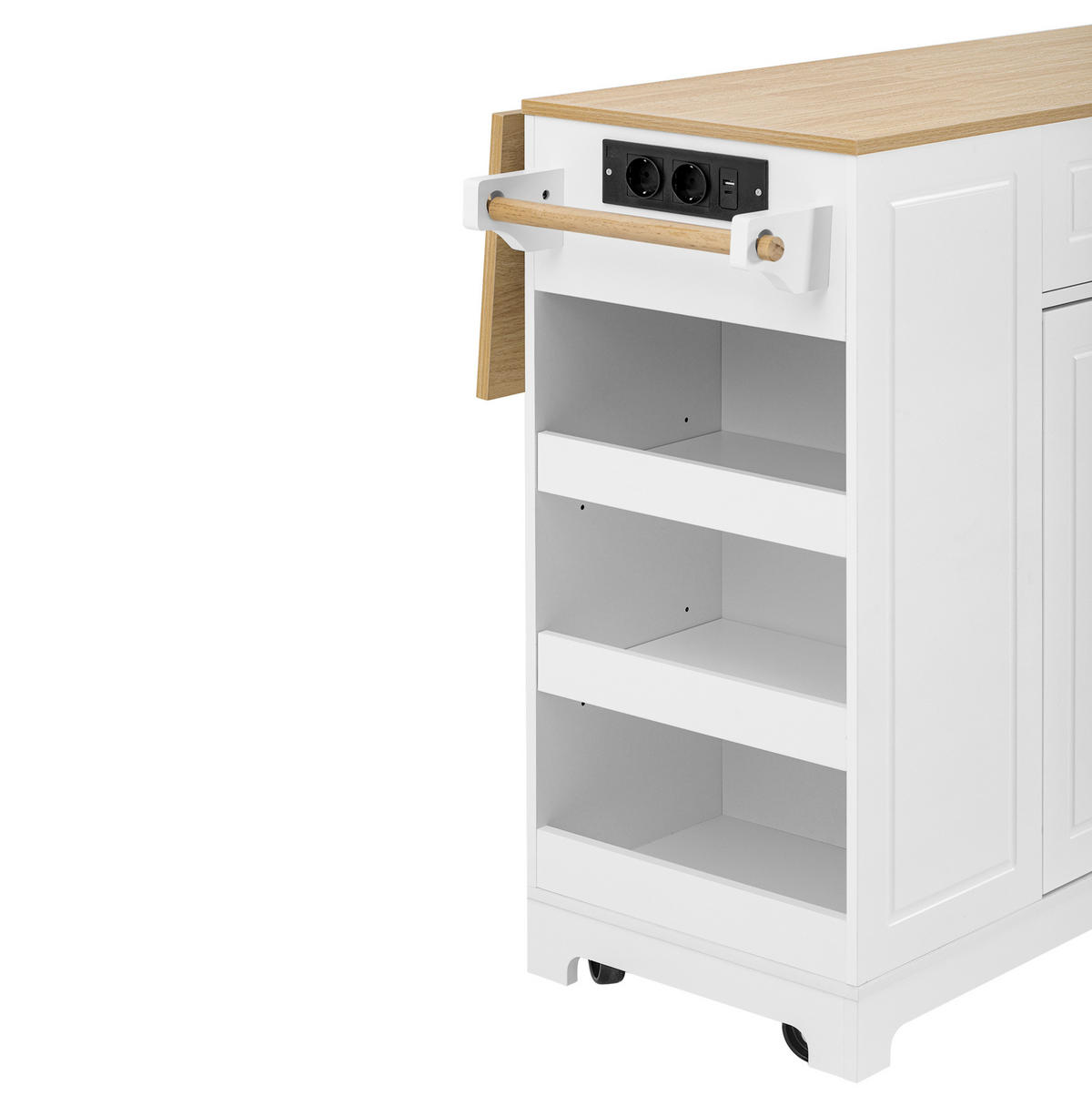 KÜCHENINSEL 131,8/40-70/93,3 cm mit ausklappbarer Arbeitsplatte, Steckdosen, USB und Abfallfach, MDF, Weiß/Natur - Weiß, Holzwerkstoff (131.8/93.3/70cm) - Redom