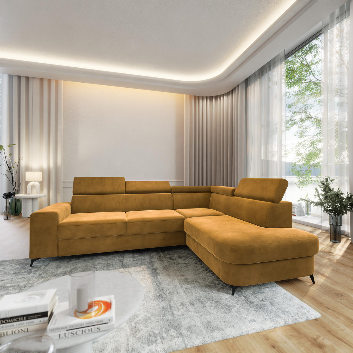 ECKSOFA ALVORO R-S Gelb Velours-Stoff mit Schlaffunktion - Gelb, Holz (253/190cm) - MASSENO