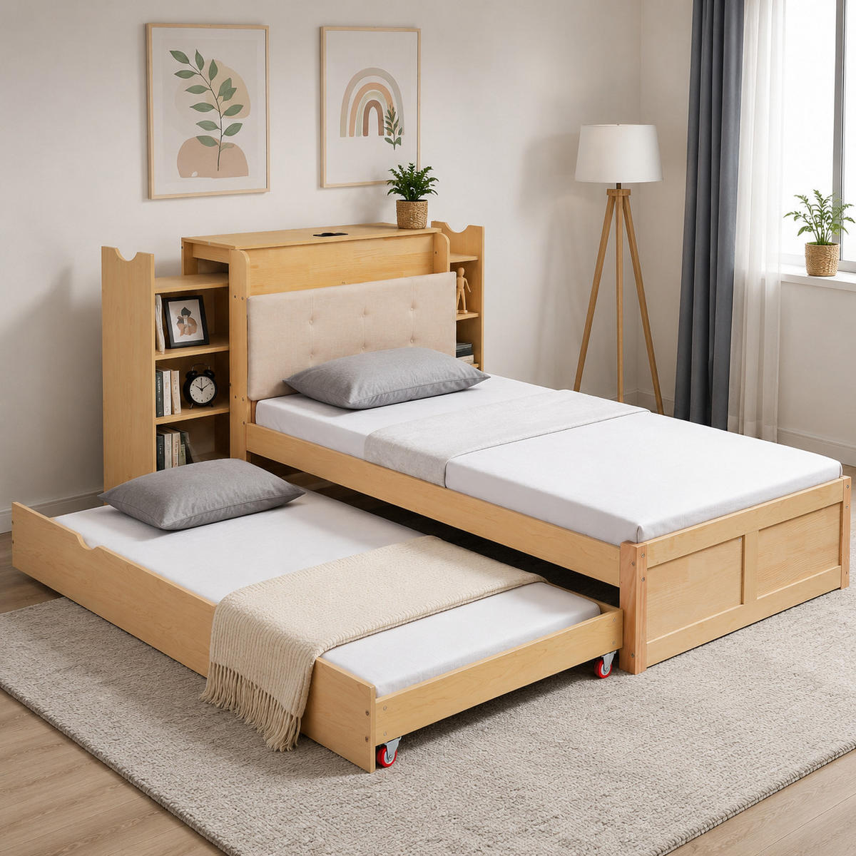 BETT 90/200 cm in Naturholzfarben & Beige mit Ausziehbett, Ablage, USB - Naturfarben, Holz/Holzwerkstoff (90/200cm) - WISHDOR