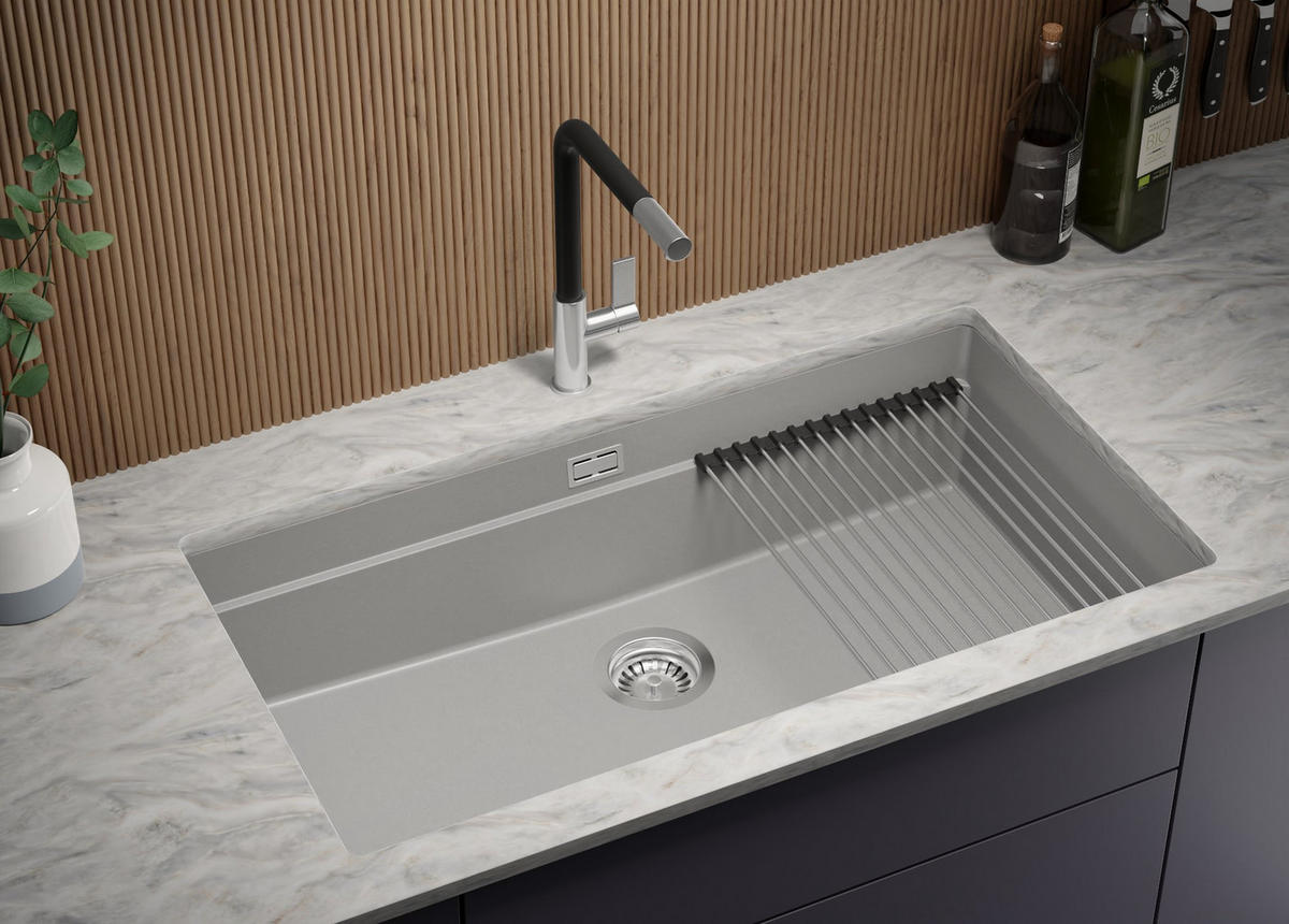 UNTERBAUSPÜLE GRANIT Praga, 2-er set Grau 86/47 cm 1 Becken + Ablauf-Set + Aufrollbare Abtropffläche ab 90er Unterschrank - Chromfarben/Grau, Kunststoff (86/20/47cm) - Primagran