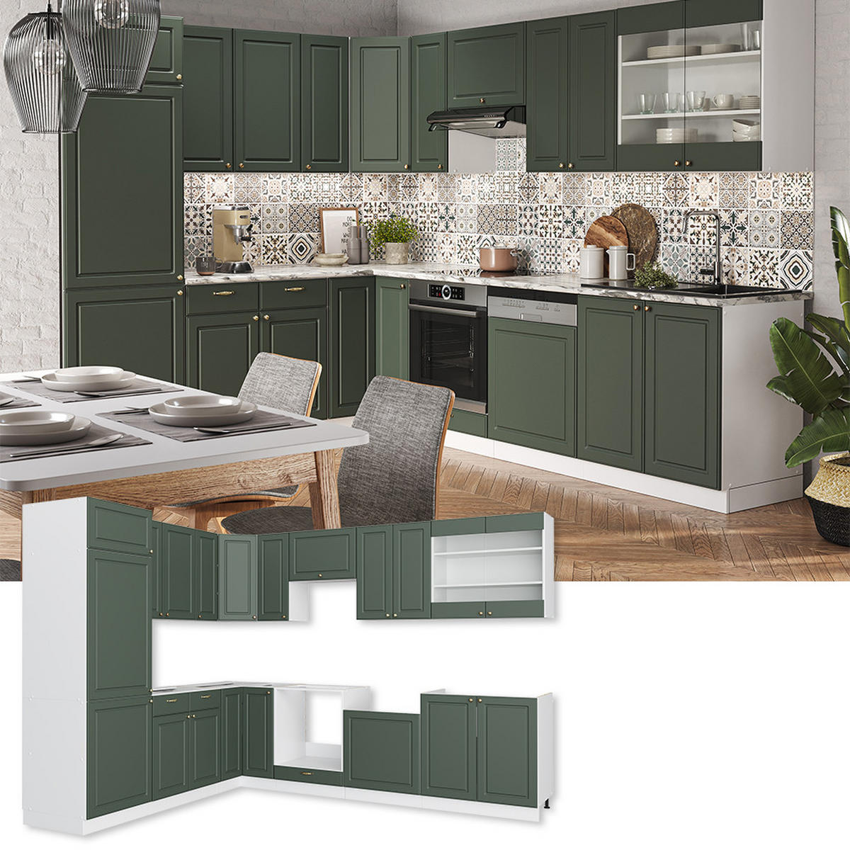 ECKKÜCHE Fame-Line Grün-Gold Landhaus/Weiß 227 x 60 cm ohne AP - Weiß/Grün, Holzwerkstoff (287/81.6/46cm) - Vicco