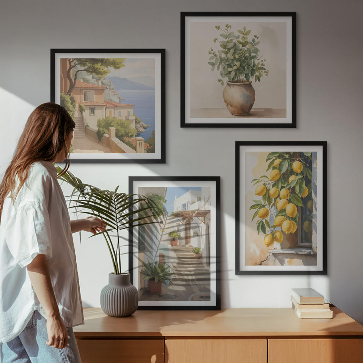 WANDBILDER 4er-Set - 50x50 cm & 40x60 cm Schwarzer Rahmen - Zitronenblumen im Topf, Straßen - Schwarz, Kunststoff (50/50cm) - ArtPrintCave