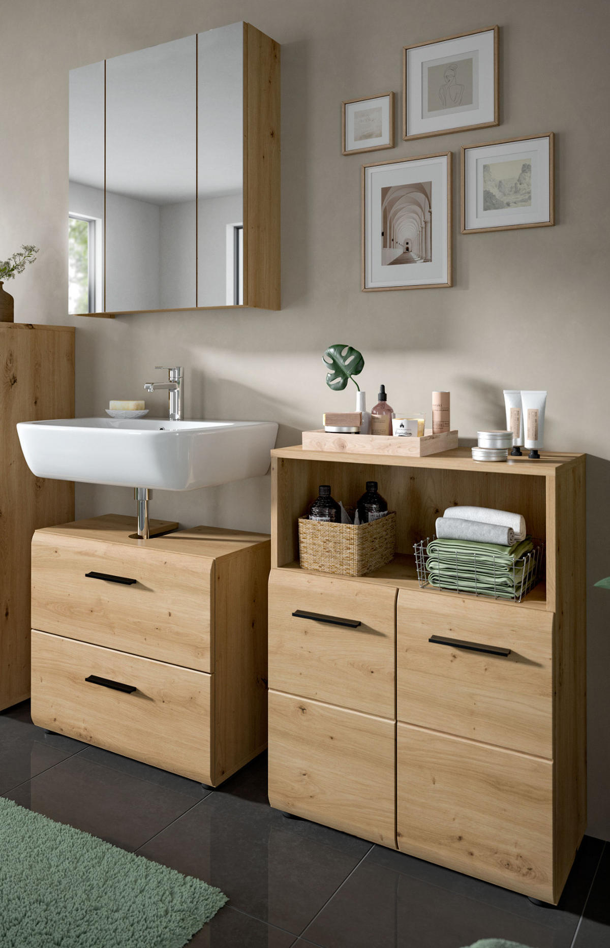 BADMÖBEL-SET 3-teilig in Eiche Artisan, Badkombination modern mit Vollauszug Schubkästen, Breite 135 cm - Schwarz/Eiche Artisan, Glas/Holzwerkstoff (135/185/30cm) - Inn.Furn