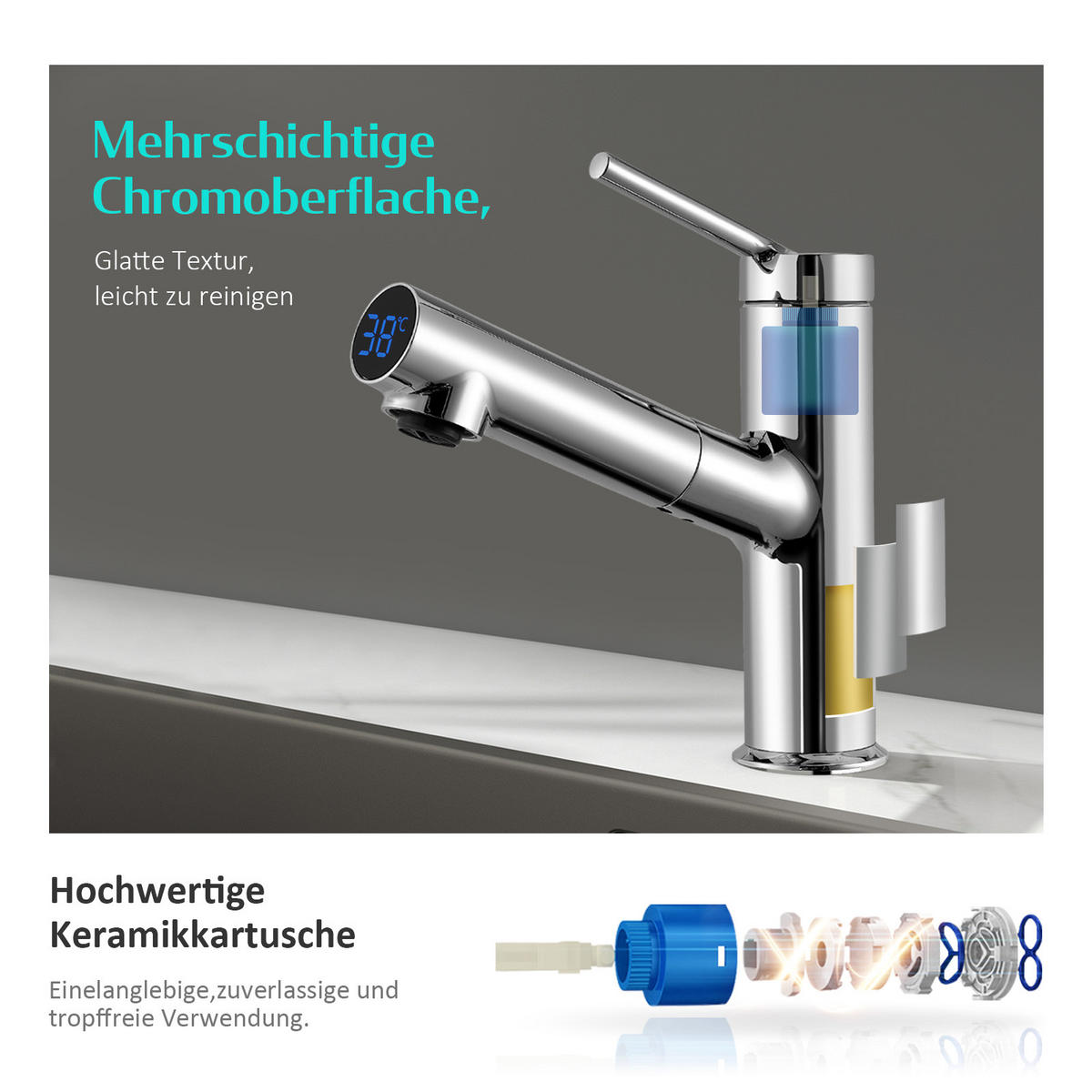 KÜCHENARMATUR mit ausziehbarer Spülbrause, Temperaturanzeige, chrom - Chromfarben, Metall (19.1/5.1/19.1cm) - EMKE