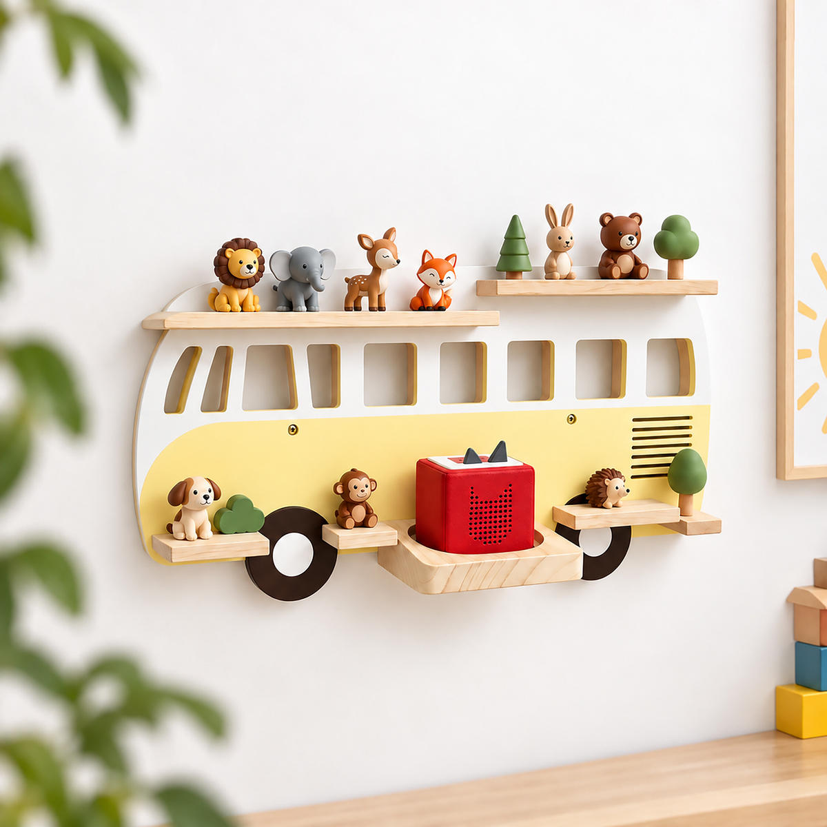 WANDREGAL Gelb Busform für 25 Hörfiguren - Gelb, Holz (62/32/13cm) - Relaxdays