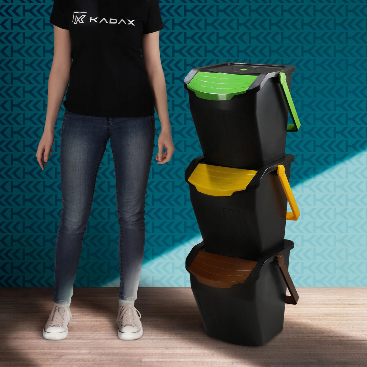 ABFALLBEHÄLTER mit Griff, 3x25L - Gelb/Schwarz, Kunststoff (32.5/36/40cm) - KADAX