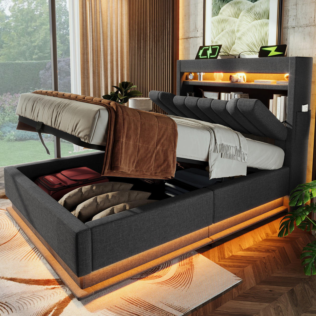 ČALOUNĚNÁ postel 90/200 cm šedá z lnu s LED osvětlením, úložným prostorem a matrací - šedá, textil (90/200cm) - OKWISH