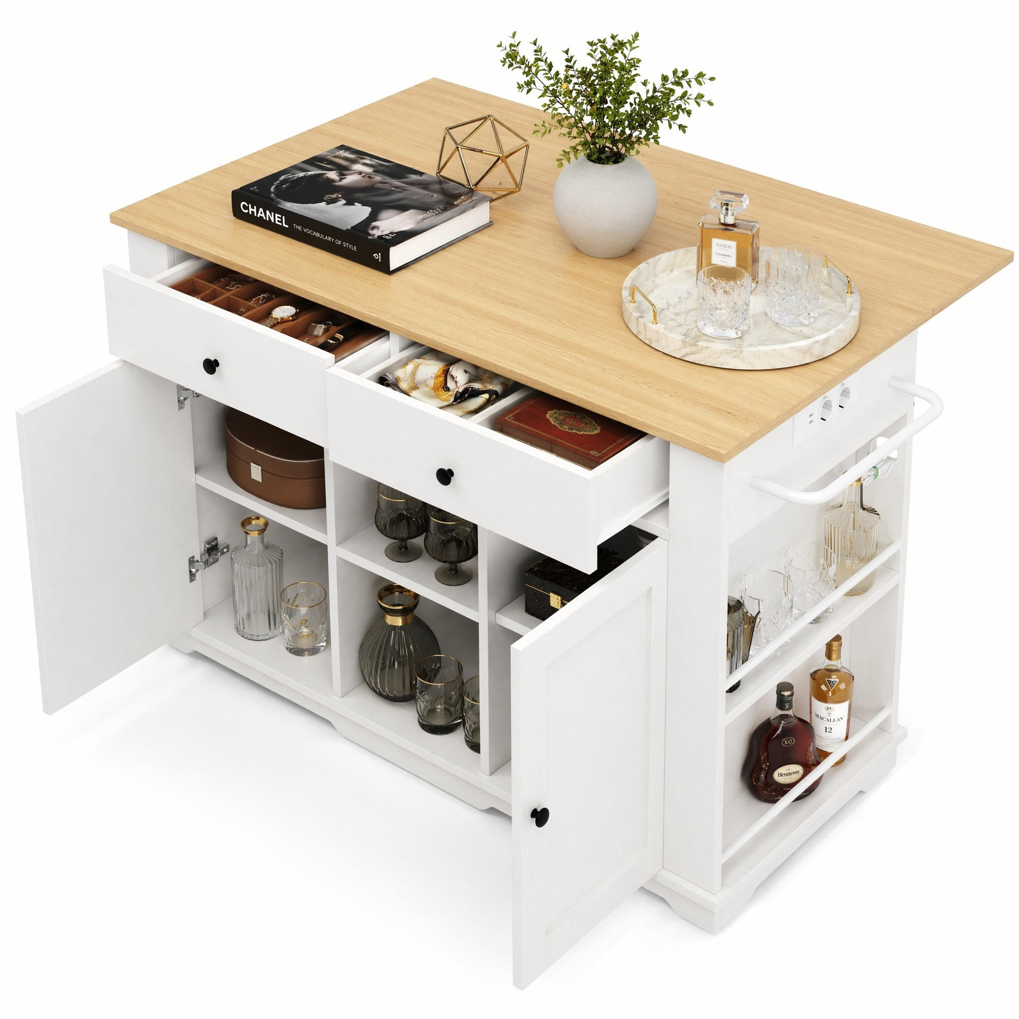 KÜCHENINSEL in Weiß und Naturfarben Servierwagen mit Schubladen für Küche und Esszimmer, B151.5/T59.7/H91.7 cm - Weiß/Naturfarben, Holzwerkstoff/Metall (151.5/91.7/59.7cm) - STILVORA