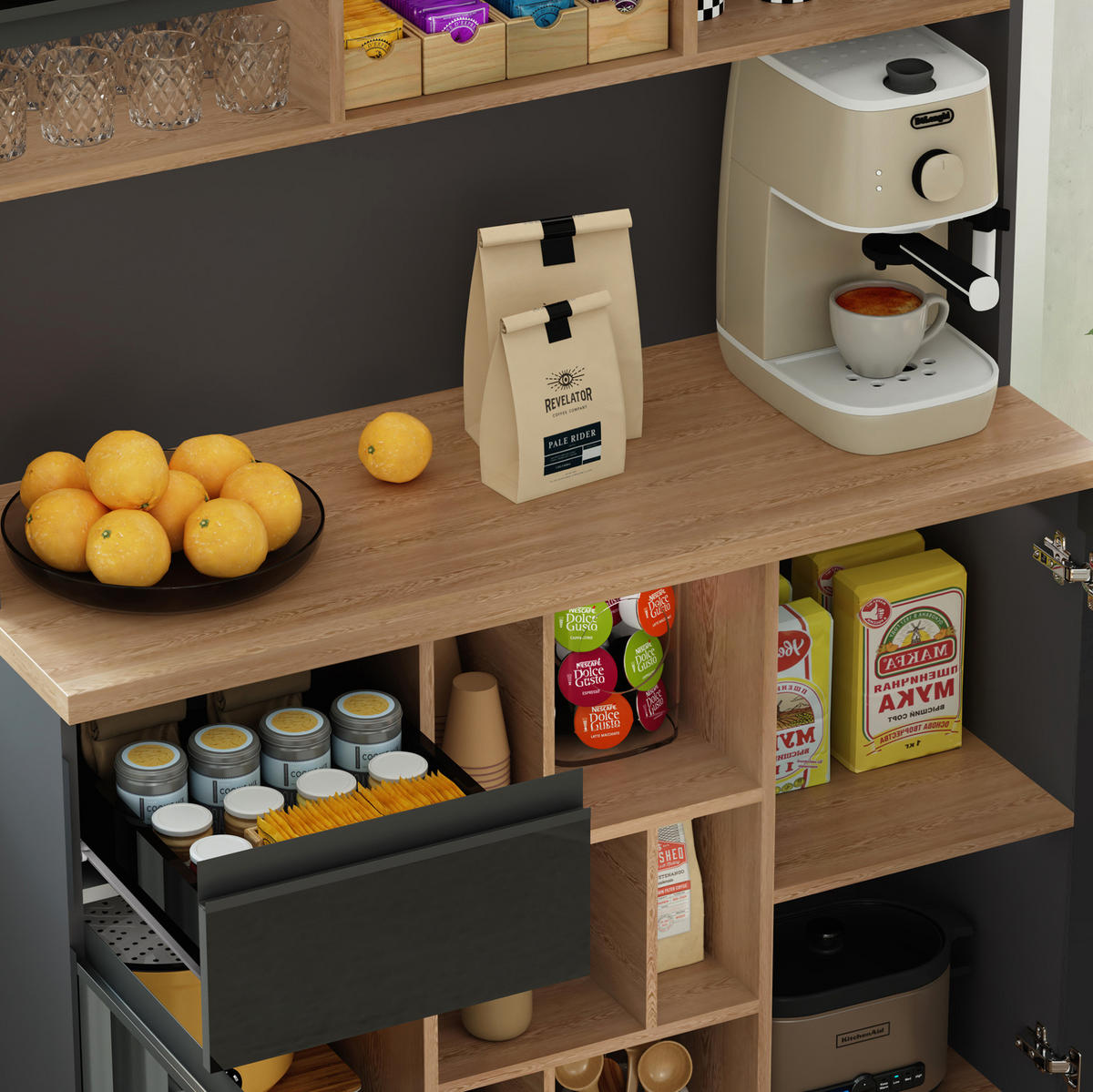 BUFFET 105/185/45 cm Anthrazit/Schwarz aus MDF mit verstellbaren Einlegeböden - Schwarz, Holzwerkstoff (45/185/105cm) - OKMYHOME