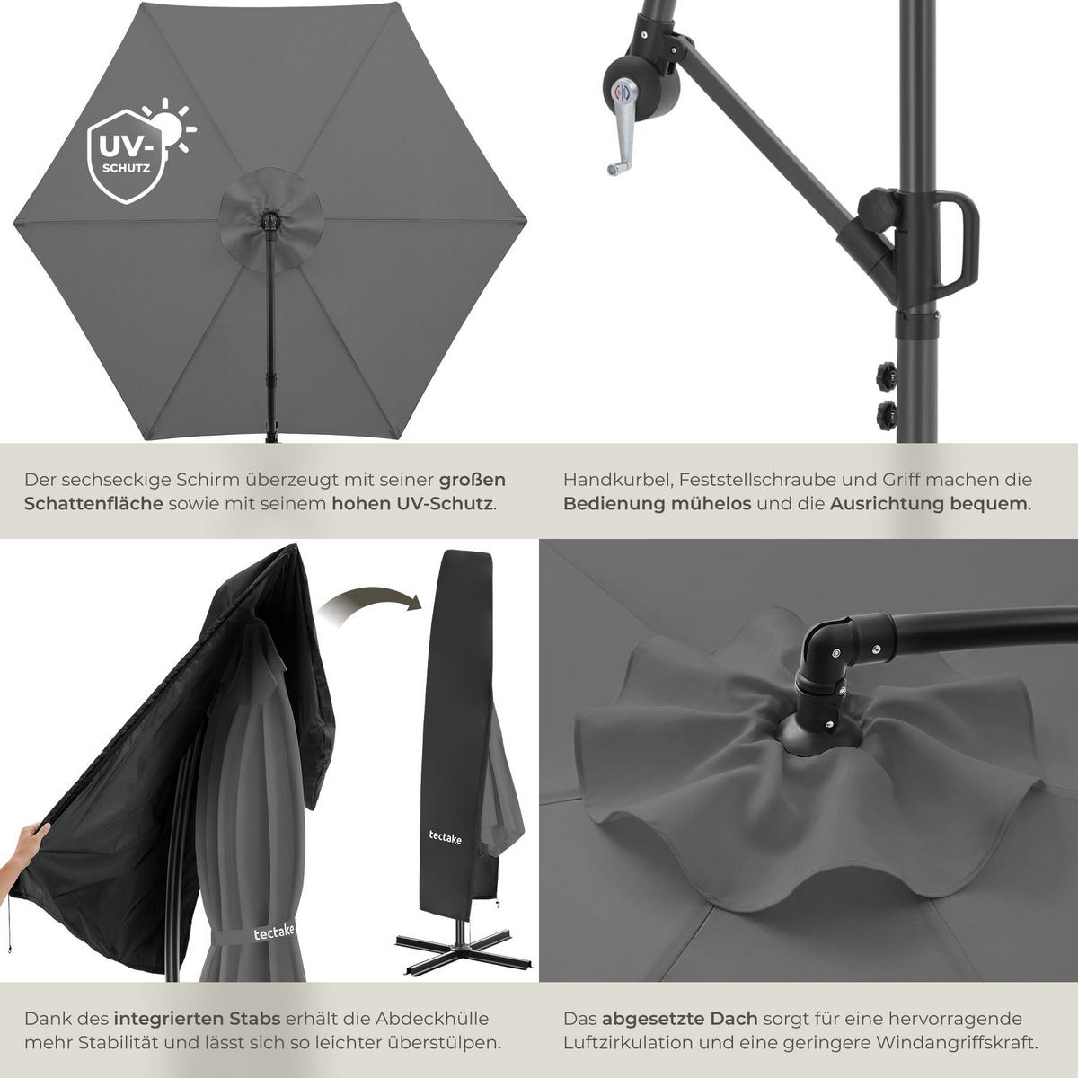 AMPELSCHIRM Artemis, inkl. Schutzhülle, grau - Grau, Metall (350/337cm) - tectake