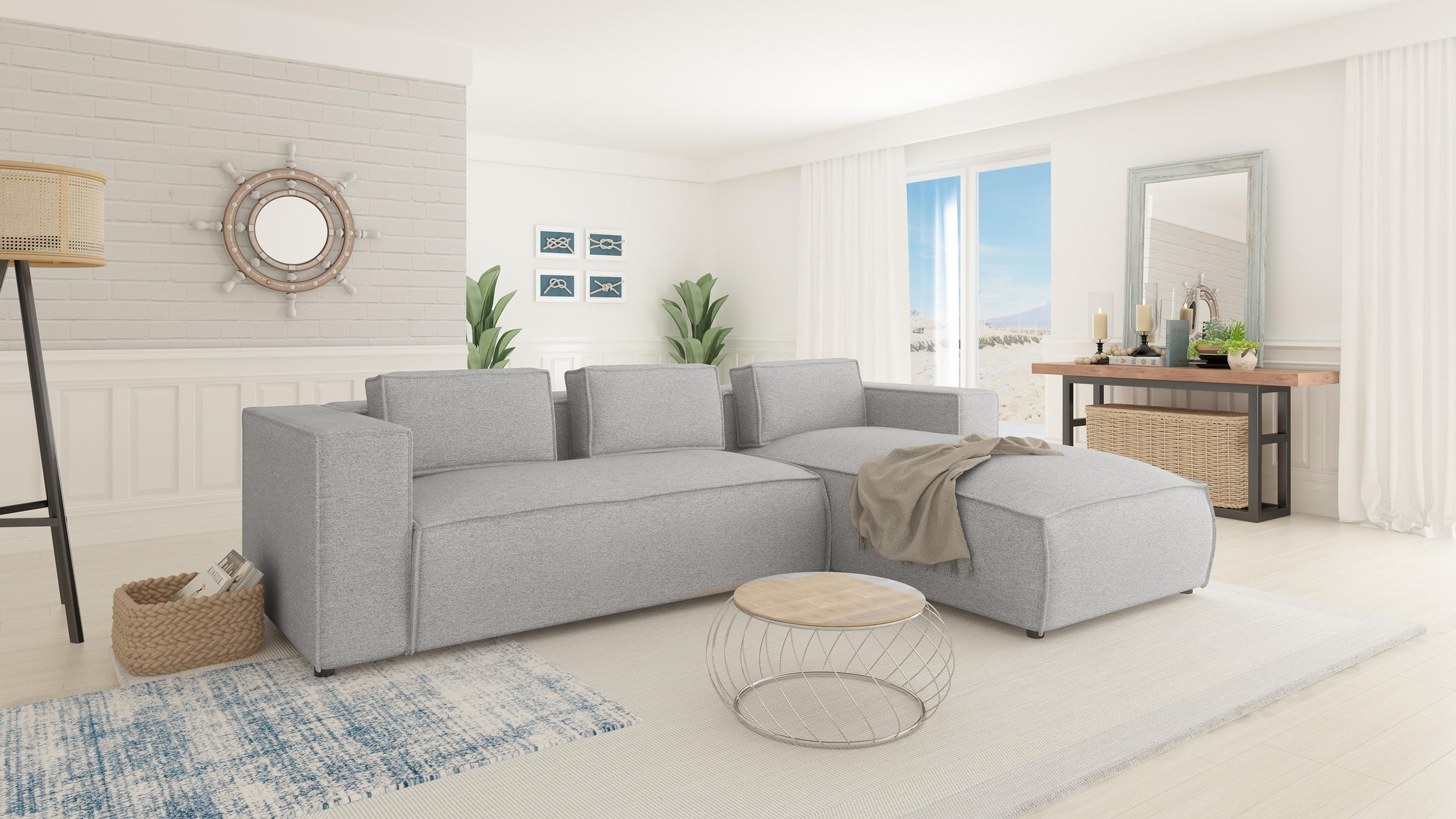 Thumbnail - S-Style Möbel Ecksofa, Grau, Textil, Echtholz,Buche, Birke, 5-Sitzer, Füllung: Polyetherschaumkern, Eckteil, L-Form, Ott...