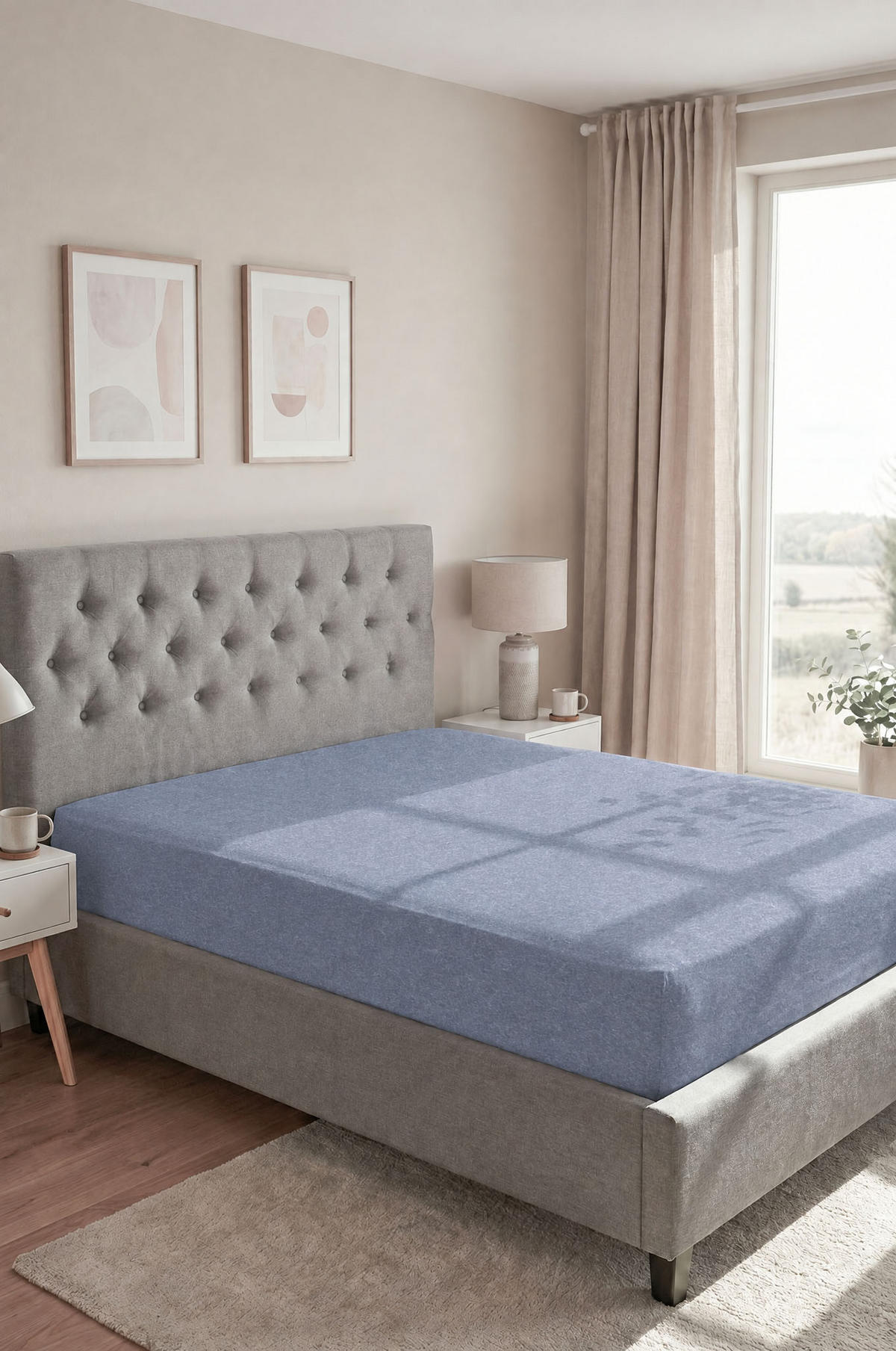 SPANNBETTTUCH Premium Biber Melange UNI blau, 180x200 cm - 200x200 cm - Blau, Textil (200/200cm) - biberna