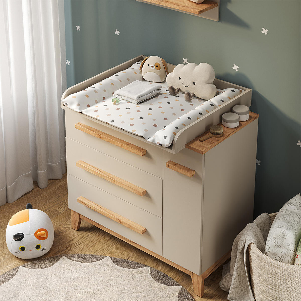WICKELKOMMODE Malia Cashmere 98 x 98 cm mit 1 Tür & 3 Schubladen - Kaschmir/Hellgrau, Holzwerkstoff (98/98/52cm) - VitaliSpa