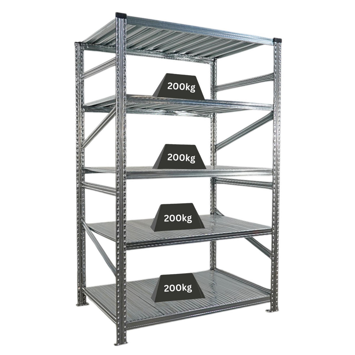 FACHBODENREGAL Proximo Stecksystem 200x120x80cm 5 Ebenen Fachlast 200 kg Beidseitig nutzbar Verzinkt - Silberfarben, Metall (120/200/80cm) - PROREGAL