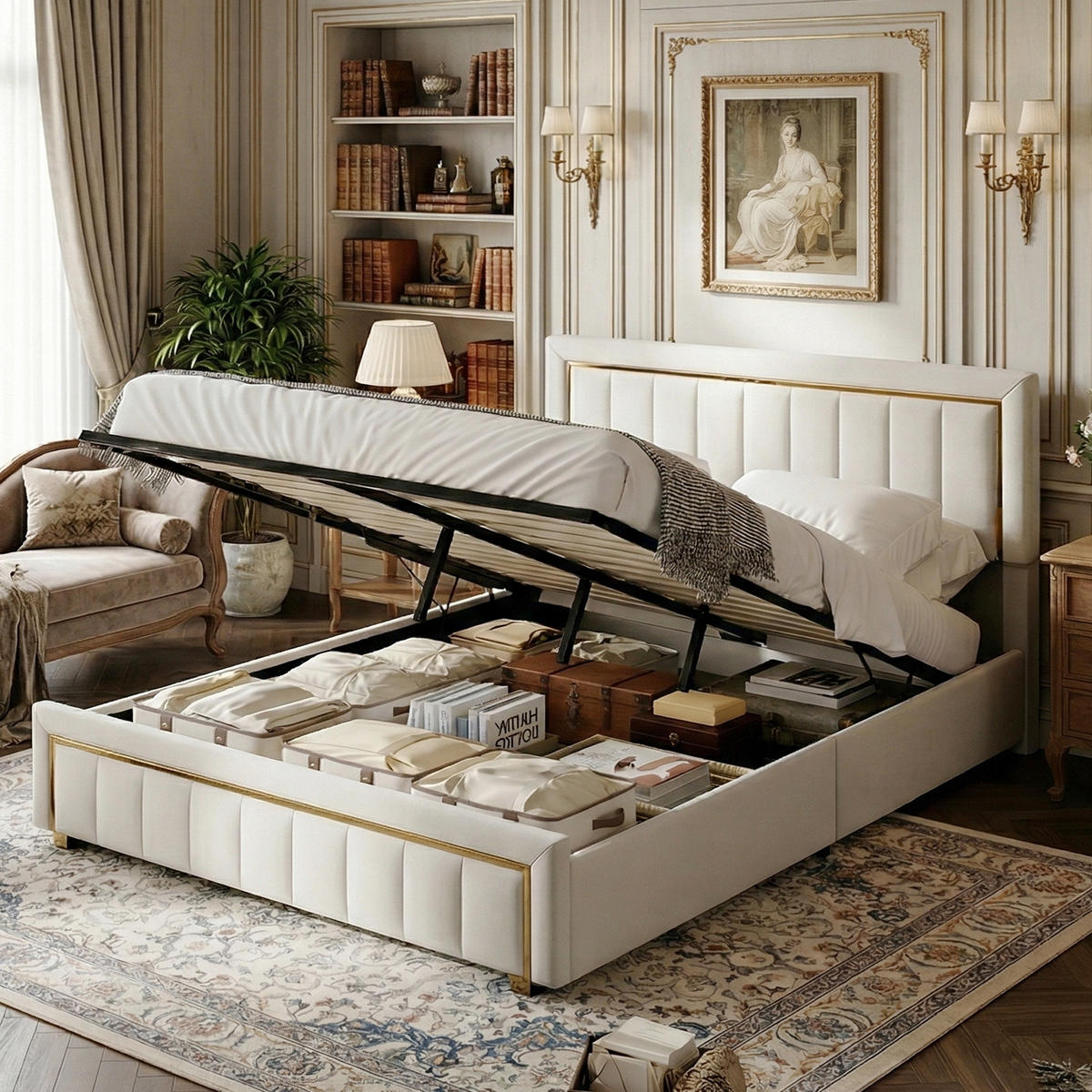 POLSTERBETT Eleganz 160/200 cm mit Bettkasten & Edelstahlrahmen Samtoptik Beige - Beige, Textil (160/200cm) - Creahappy