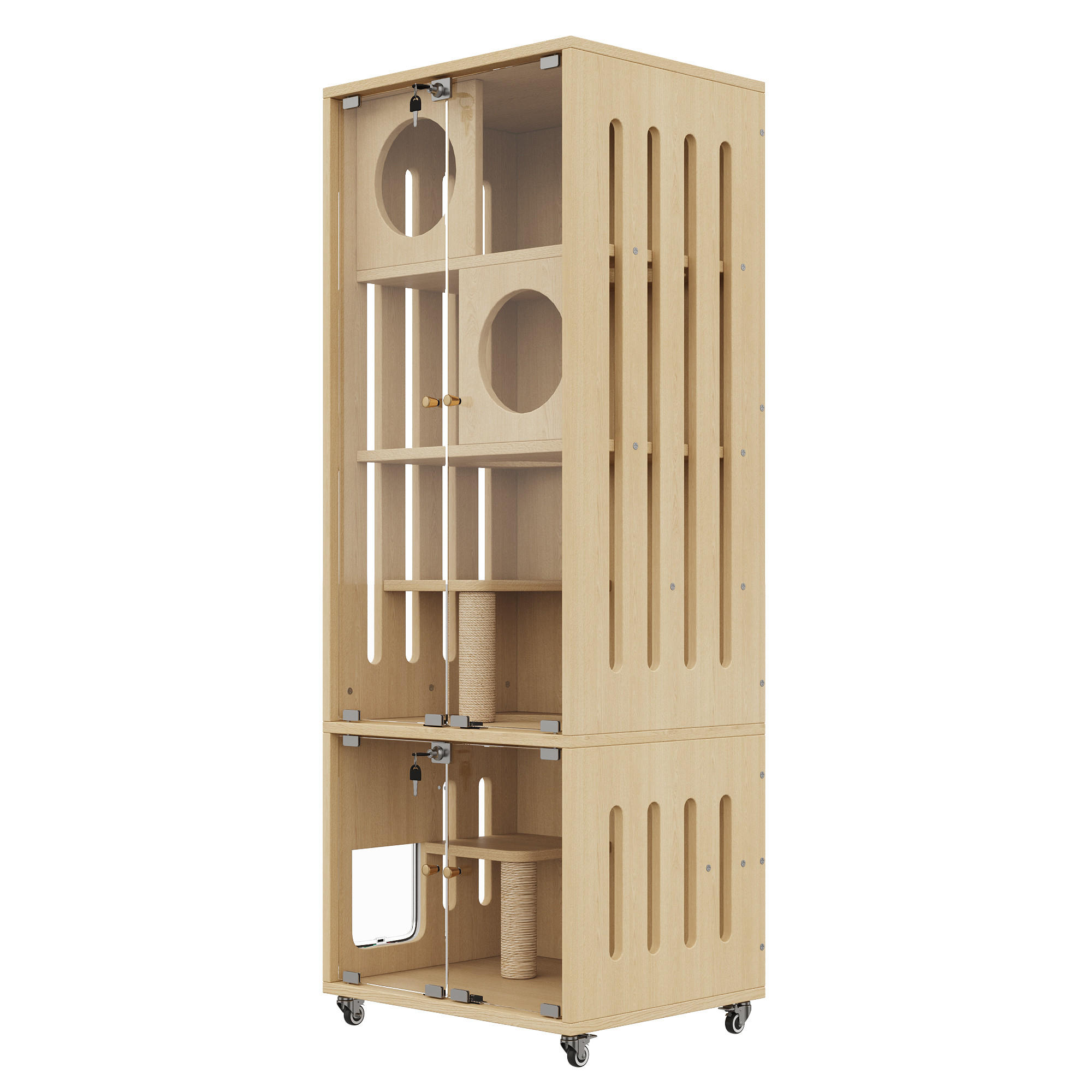 VITRINE Naturfarben 60×50×156 cm aus MDF und Glas mit abschließbarer Glastür, Klappe und Feststellrollen - Naturfarben, Holzwerkstoff (60/156/50cm) - Luhomfu