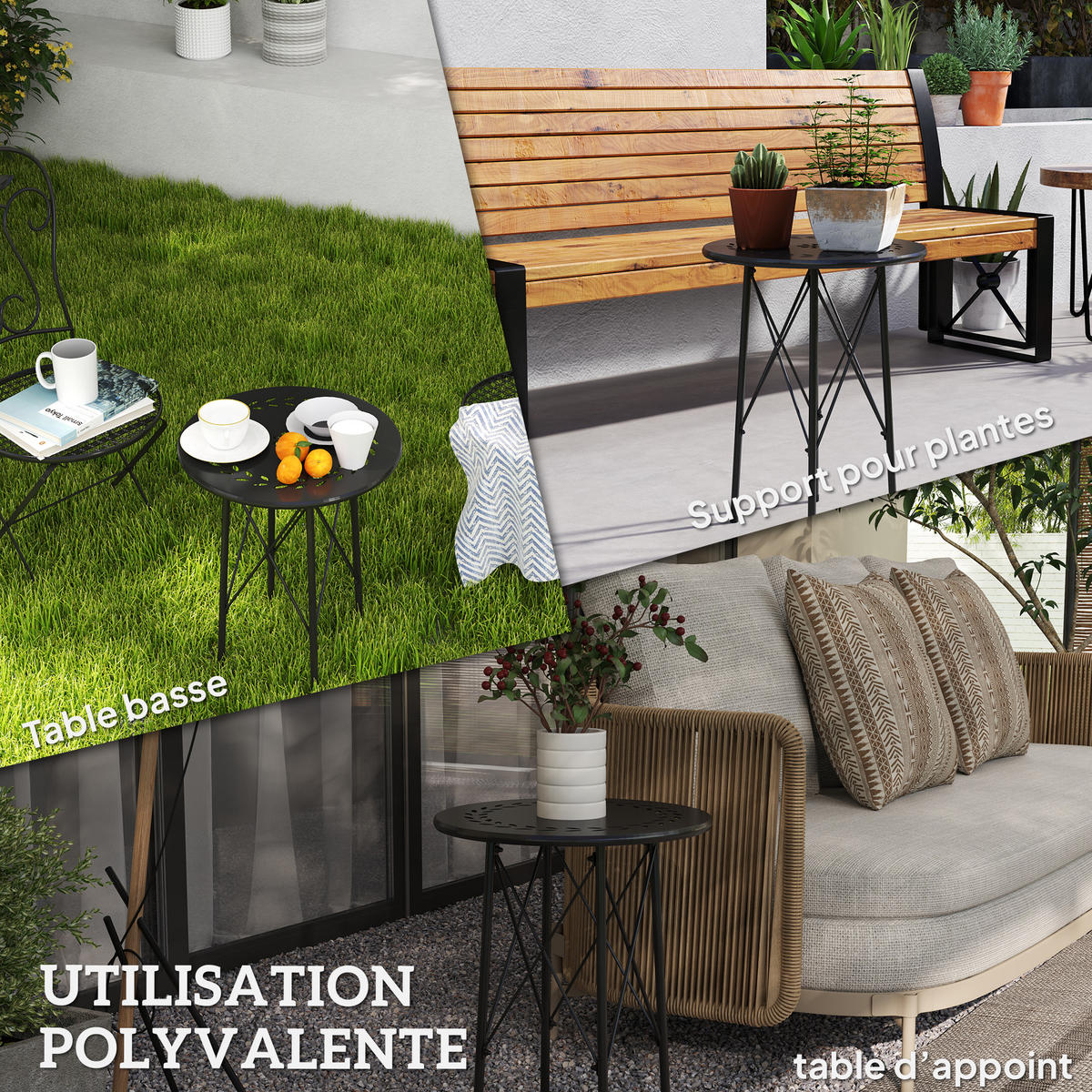 GARTENBEISTELLTISCH DE-14175 mit Blumen- und Blätter-Ausstanzung Schwarz - Schwarz, Metall (40/40/50cm) - ComfortXL