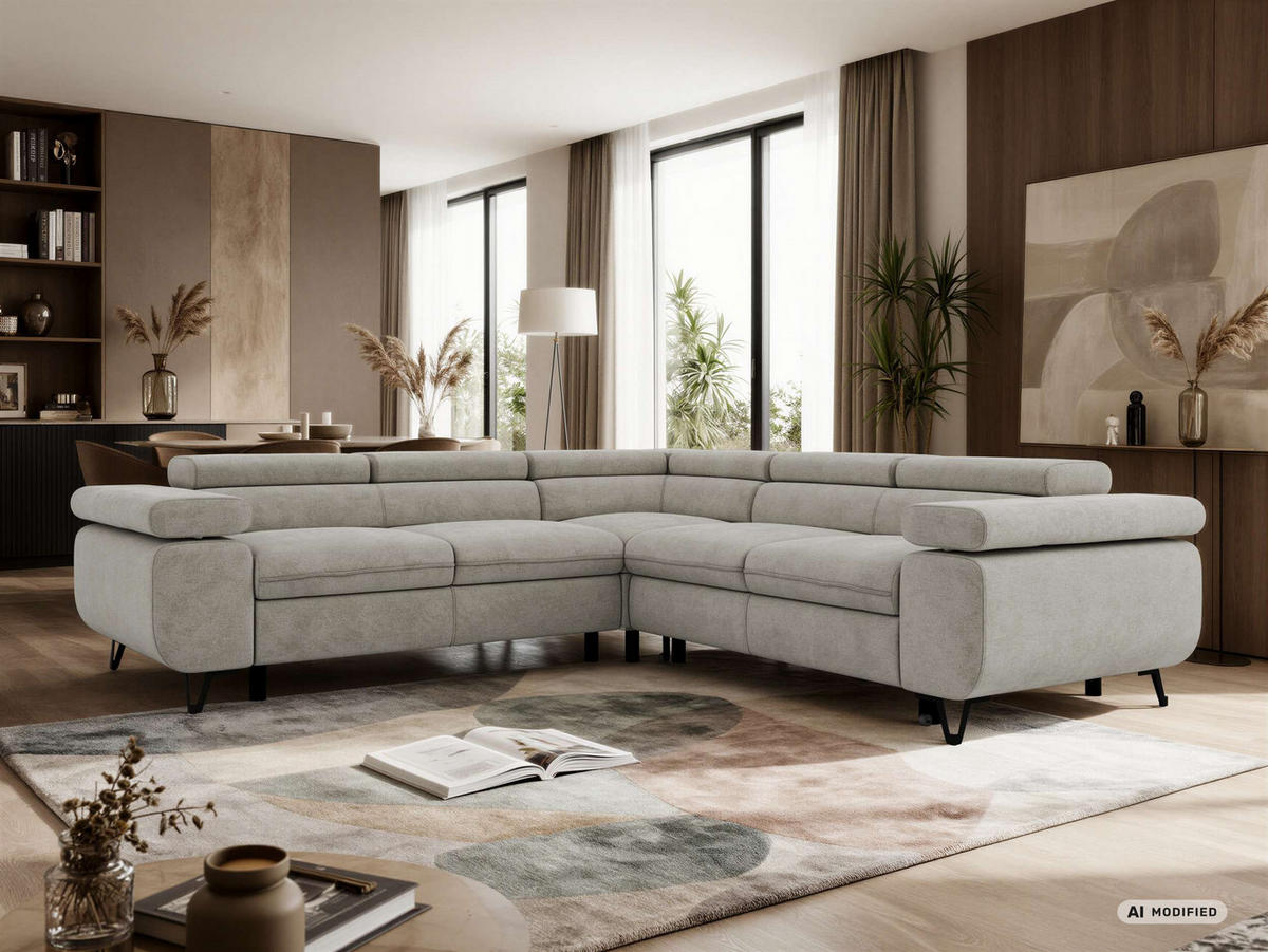 ECKSOFA QUADRO L - Hellgrau Stukture - Links Seite - Hellgrau/Schwarz, Textil/Metall (269/269cm) - MKS