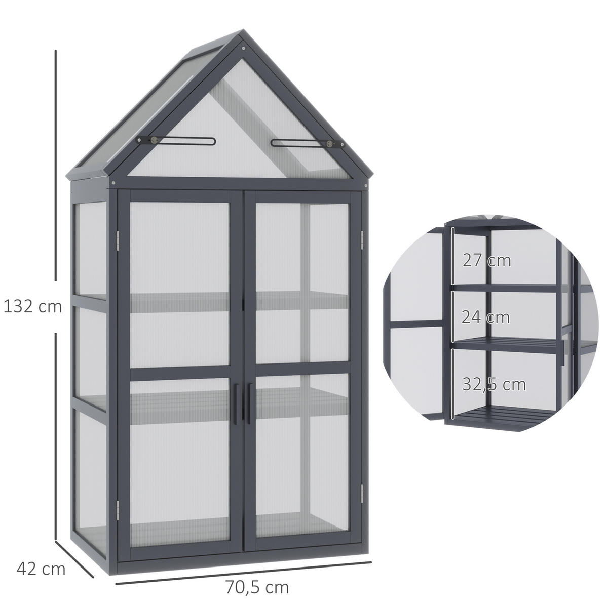 GEWÄCHSHAUS aus Holz 70,5x42x132 cm in Grau mit 3 Regalböden - Grau, Holz (42/132/70.5cm) - Modfu