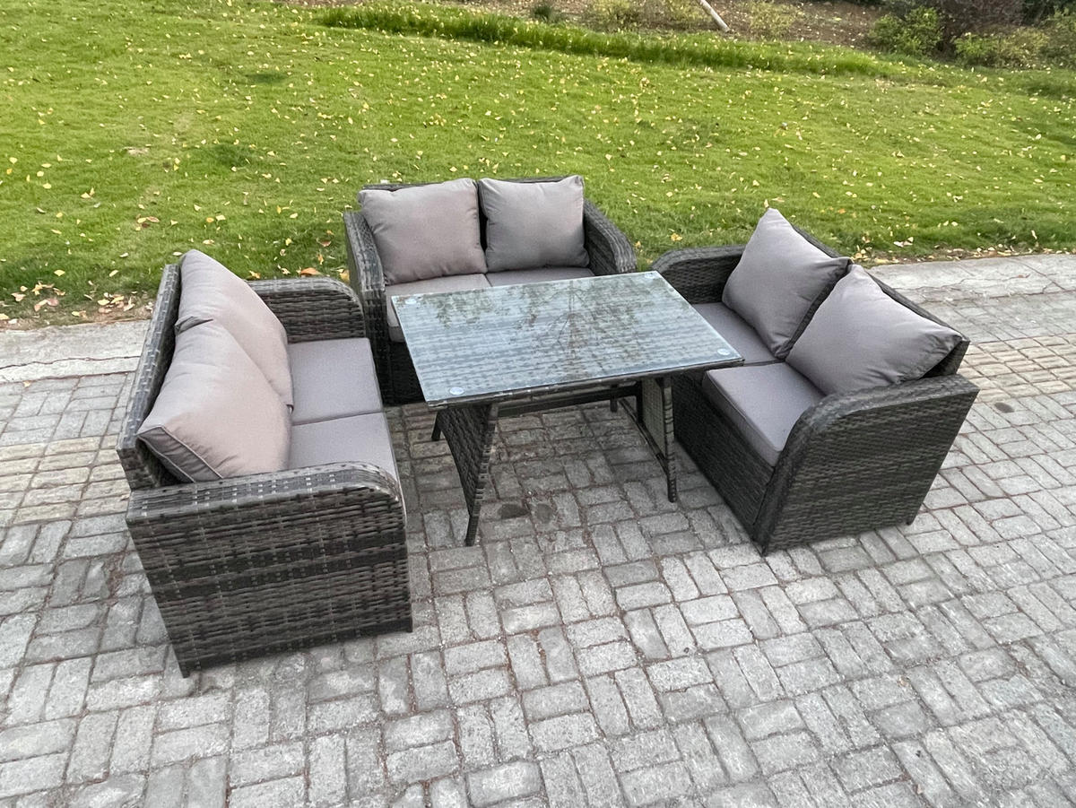 GARTENMÖBELSET mit ESSTISCH,SOFA Polyrattan 6-Sitzer - Dunkelgrau/Grau, Glas/Kunststoff - Fimous