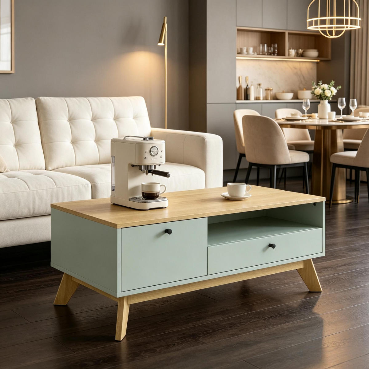 COUCHTISCH rechteckig Hellgrün/Eichenoptik mit Schublade - Eichefarben/Grün, Holzwerkstoff (100/50/40cm)