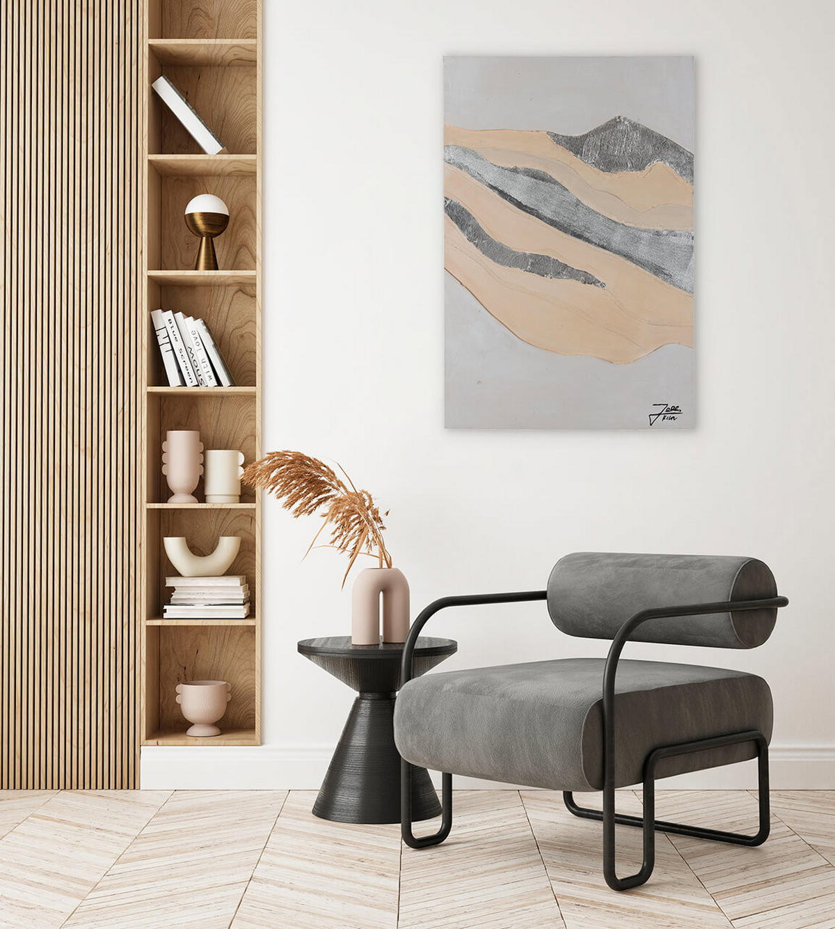 RUČNE MAĽOVANÝ AKRYLOVÝ OBRAZ 60/90 cm, sivý/béžový, abstraktný geometrický motív - sivá/béžová, drevo/textil (60/90cm) - KUNSTLOFT
