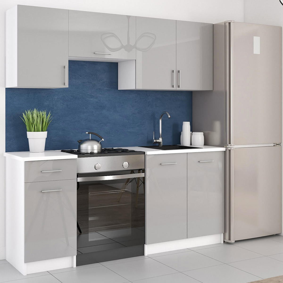 KÜCHENZEILE LECO 180 grau glanz - Grau, Holzwerkstoff (180/82/46cm) - roe furniture