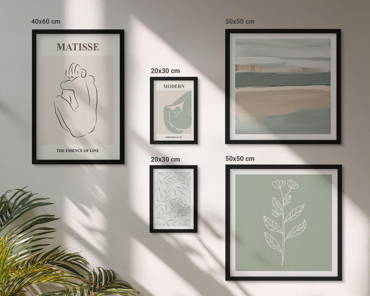 WANDBILDER 5er-Set - 50x50 cm & 20x30 cm & 40x60 cm Schwarzer Rahmen - Abstrakte Pflanzenformen - Schwarz, Kunststoff (40/60cm) - ArtPrintCave