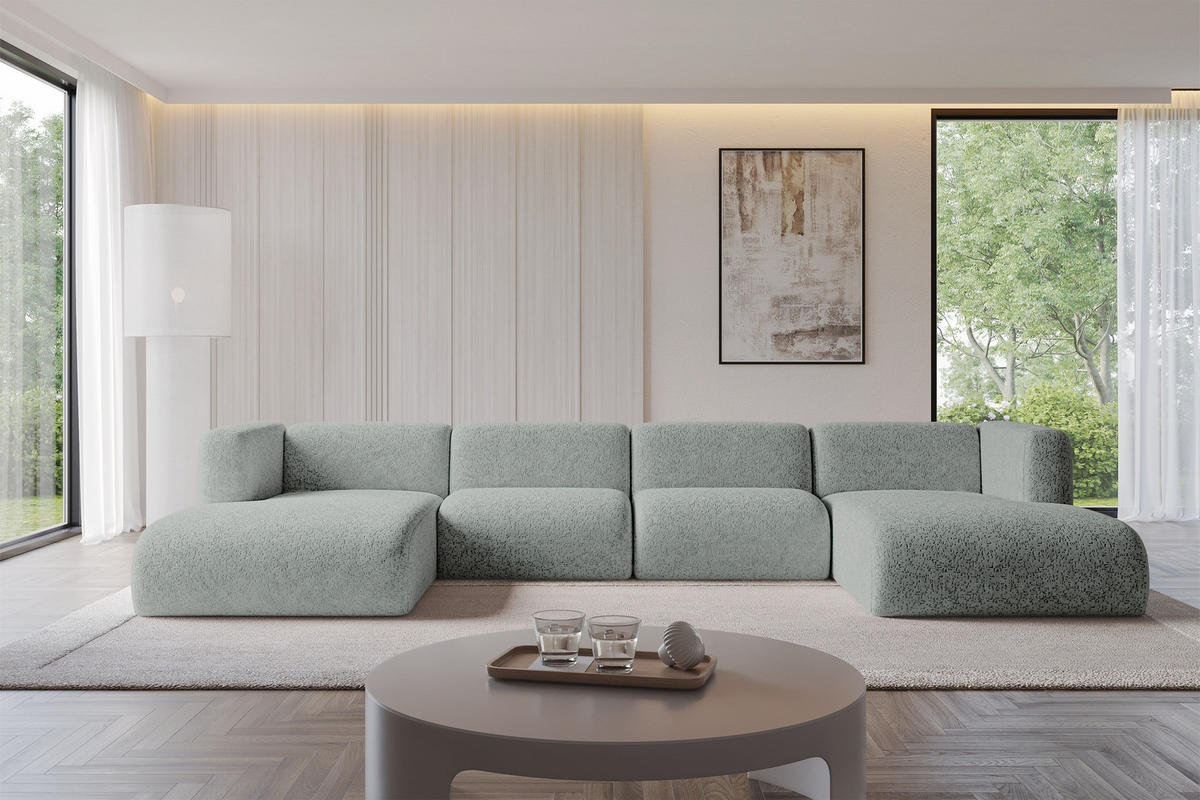WOHNLANDSCHAFT MIRA-U2 408x179x70 Grün Velours - Schwarz/Hellgrün, Holzwerkstoff/Kunststoff (408/70/179cm) - ALTDECOR
