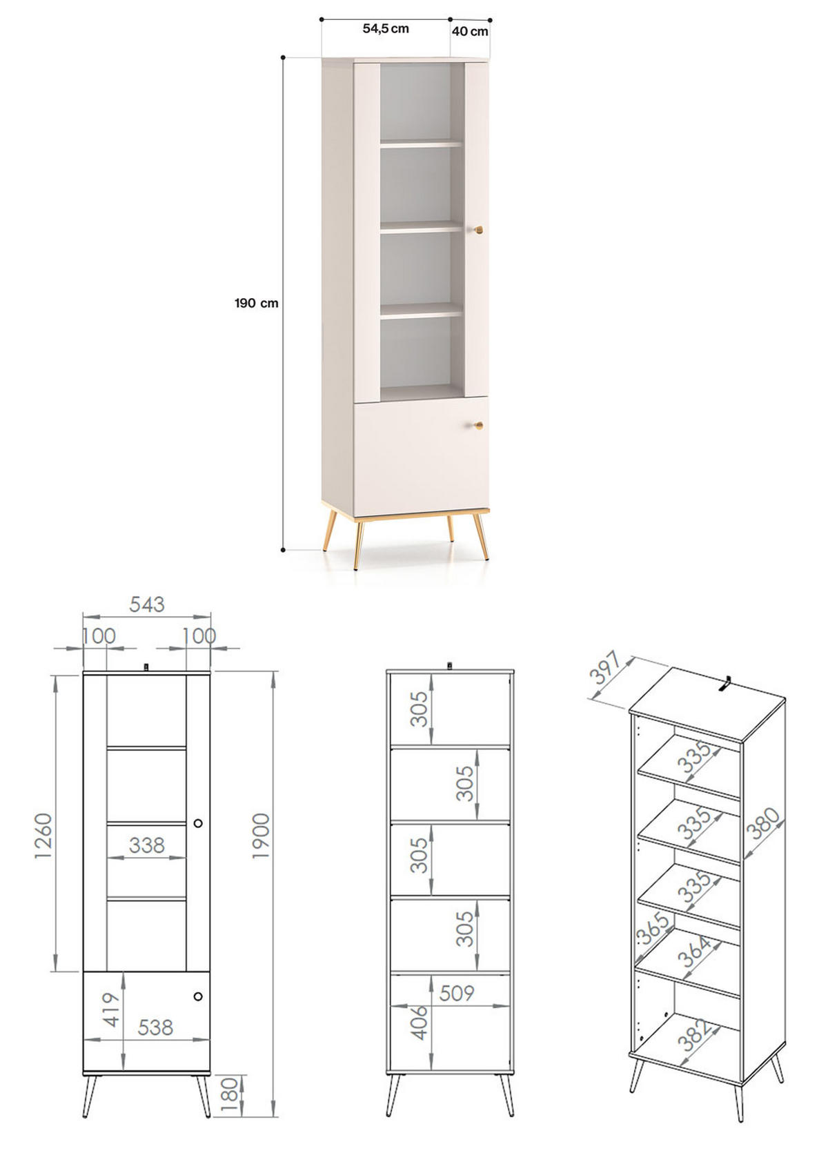 VITRINE Selgin Kaschmir / Gold 55 / 40 / 190cm ohne Beleuchtung - Kaschmir/Goldfarben, Holz/Holzwerkstoff (55/40/190cm) - Feldmann-Wohnen